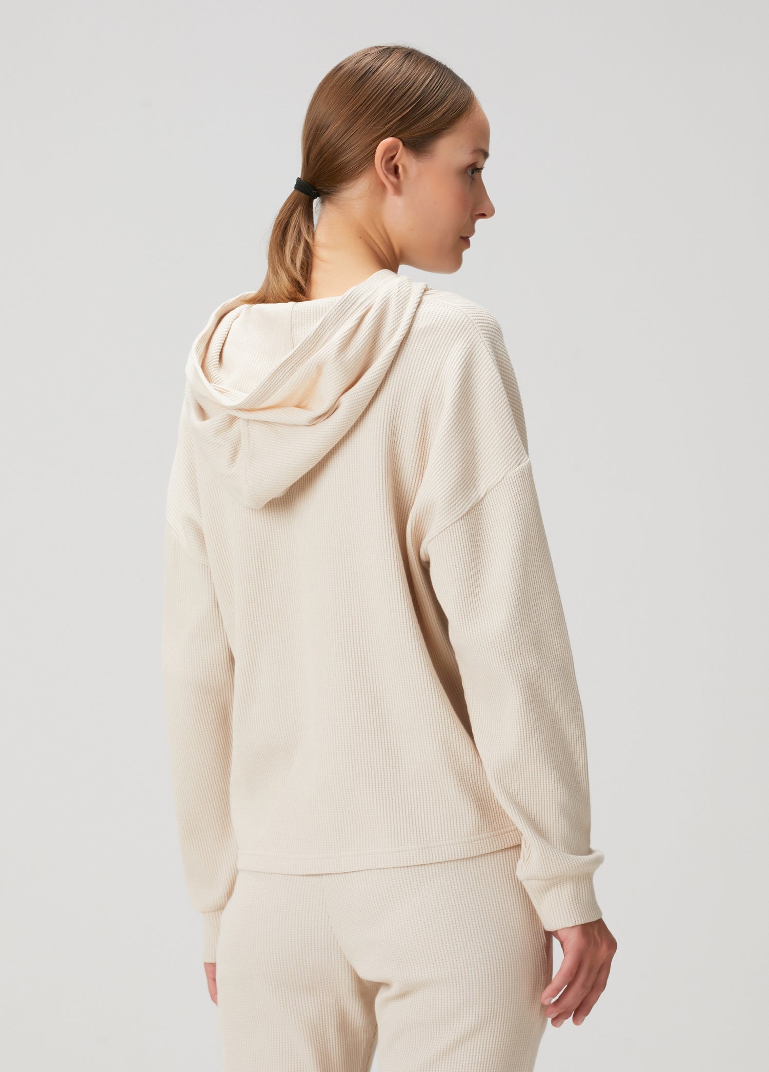 Waffle Oversize Kapüşonlu Sweatshirt - Bej
