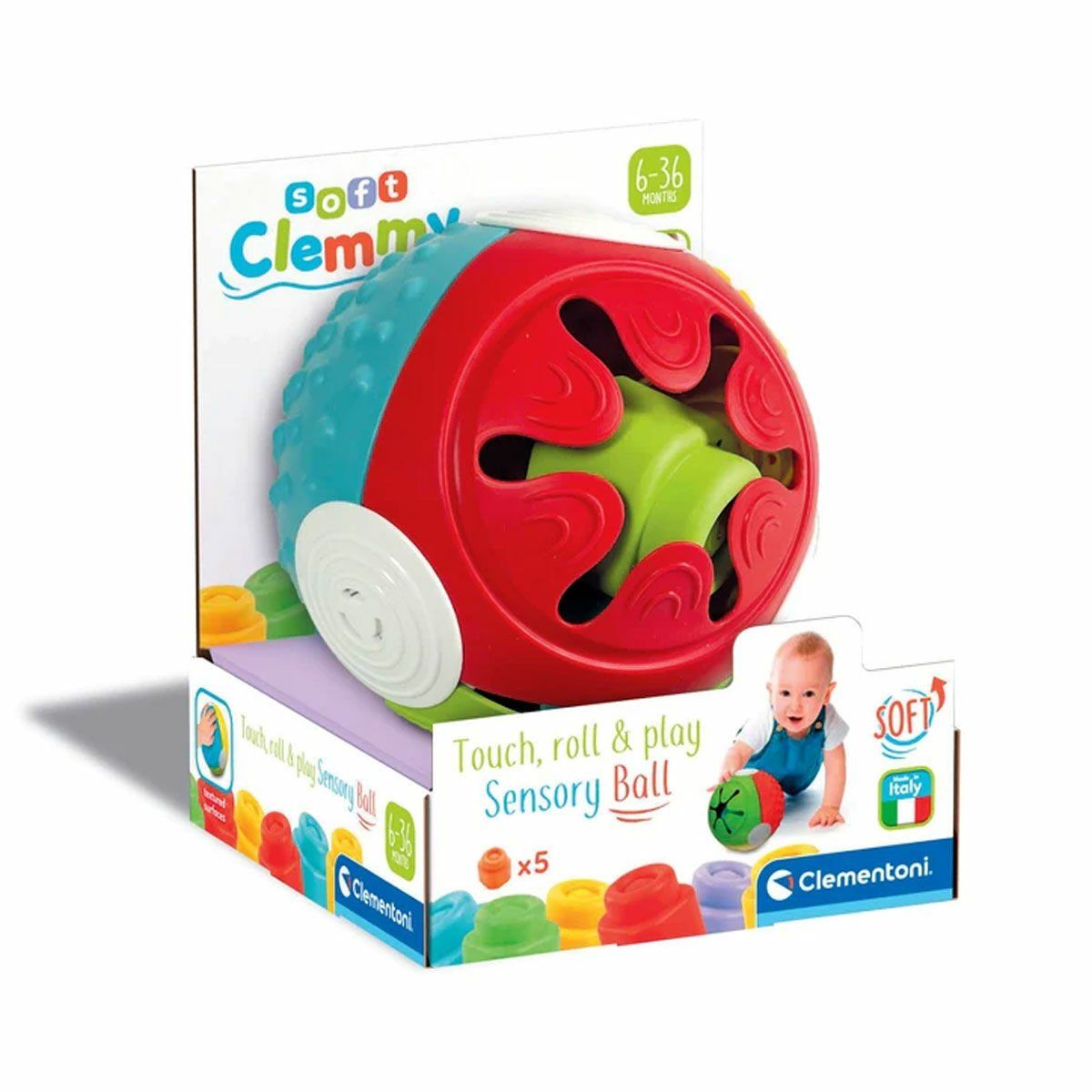 Baby Clementoni-17689 Soft Clemmy Yumuşak Blok Duyusal Top, 5 Parça 6 36 Ay-Bebek Oyuncakları-1-Milagron.com