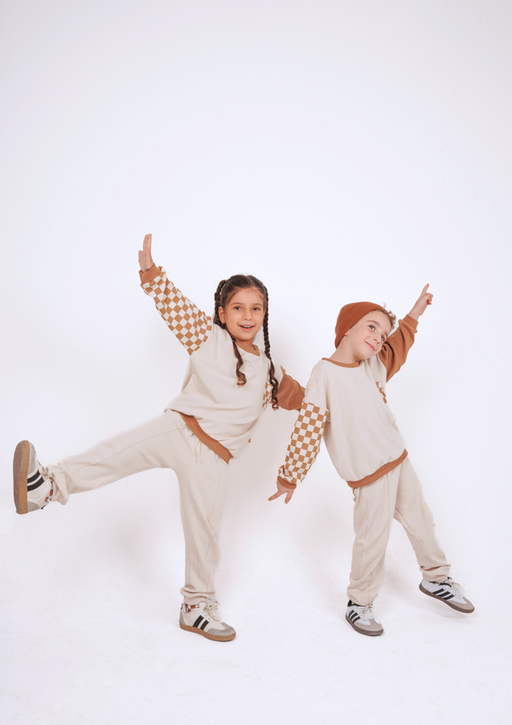 Babybek-Premium Unisex Eşofman Takımı Kahverengi Dama-Alt - Üst Takım-1-Milagron.com