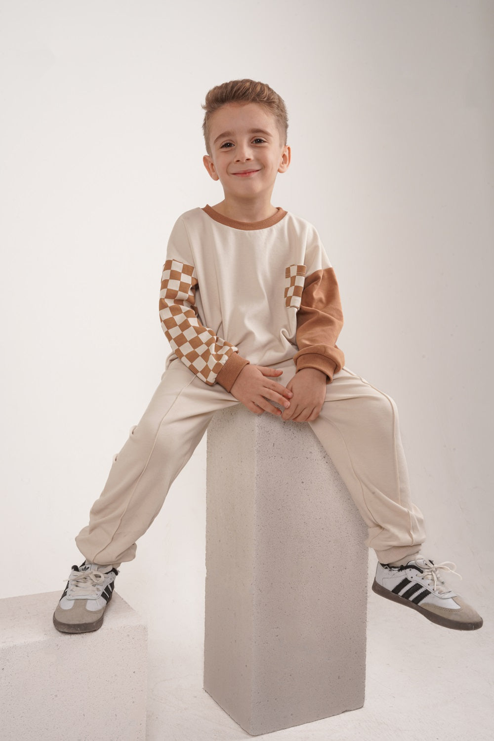 Babybek-Premium Unisex Eşofman Takımı Kahverengi Dama-Alt - Üst Takım-5-Milagron.com