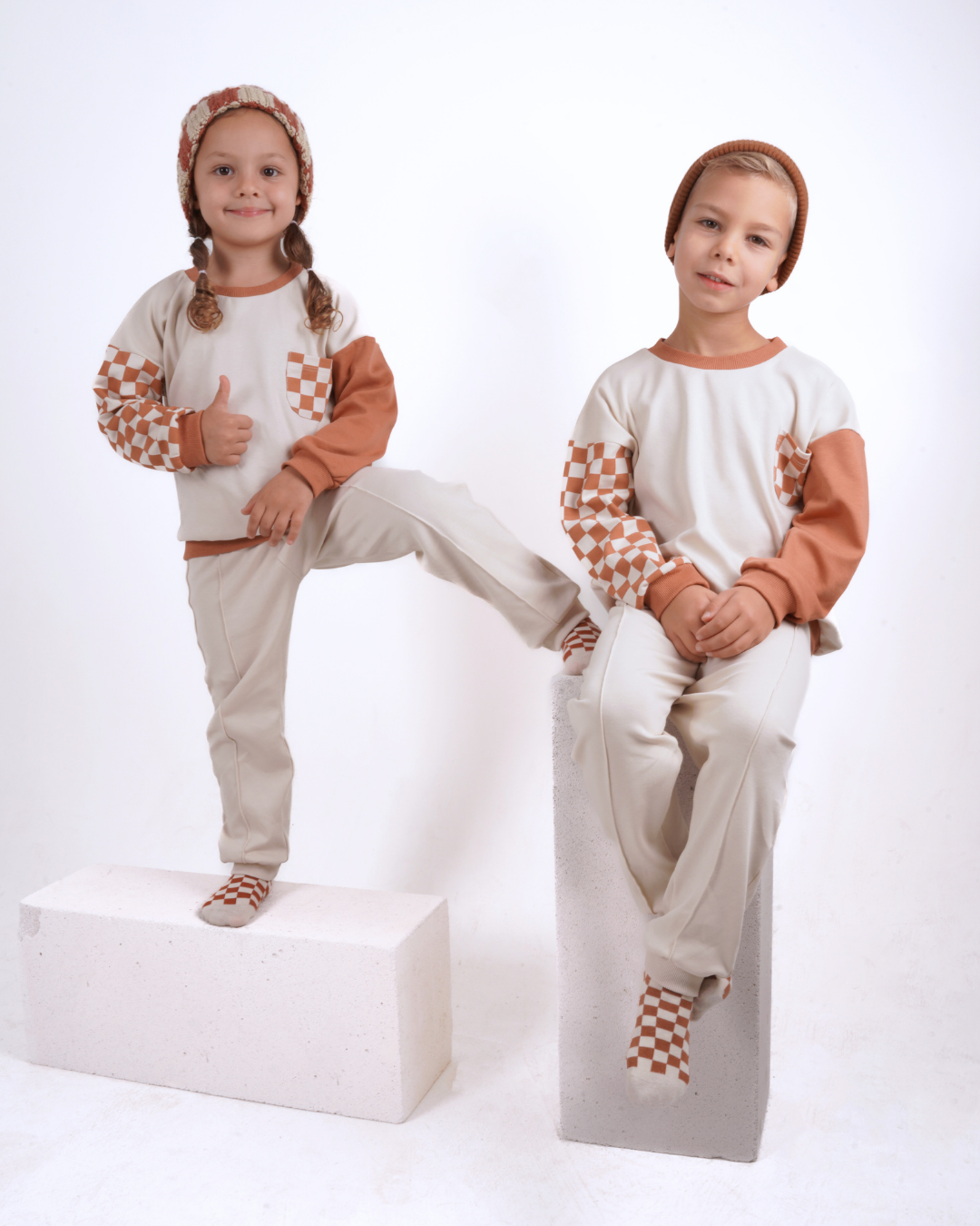 Babybek-Premium Unisex Eşofman Takımı Kiremit Dama-Alt - Üst Takım-7-Milagron.com