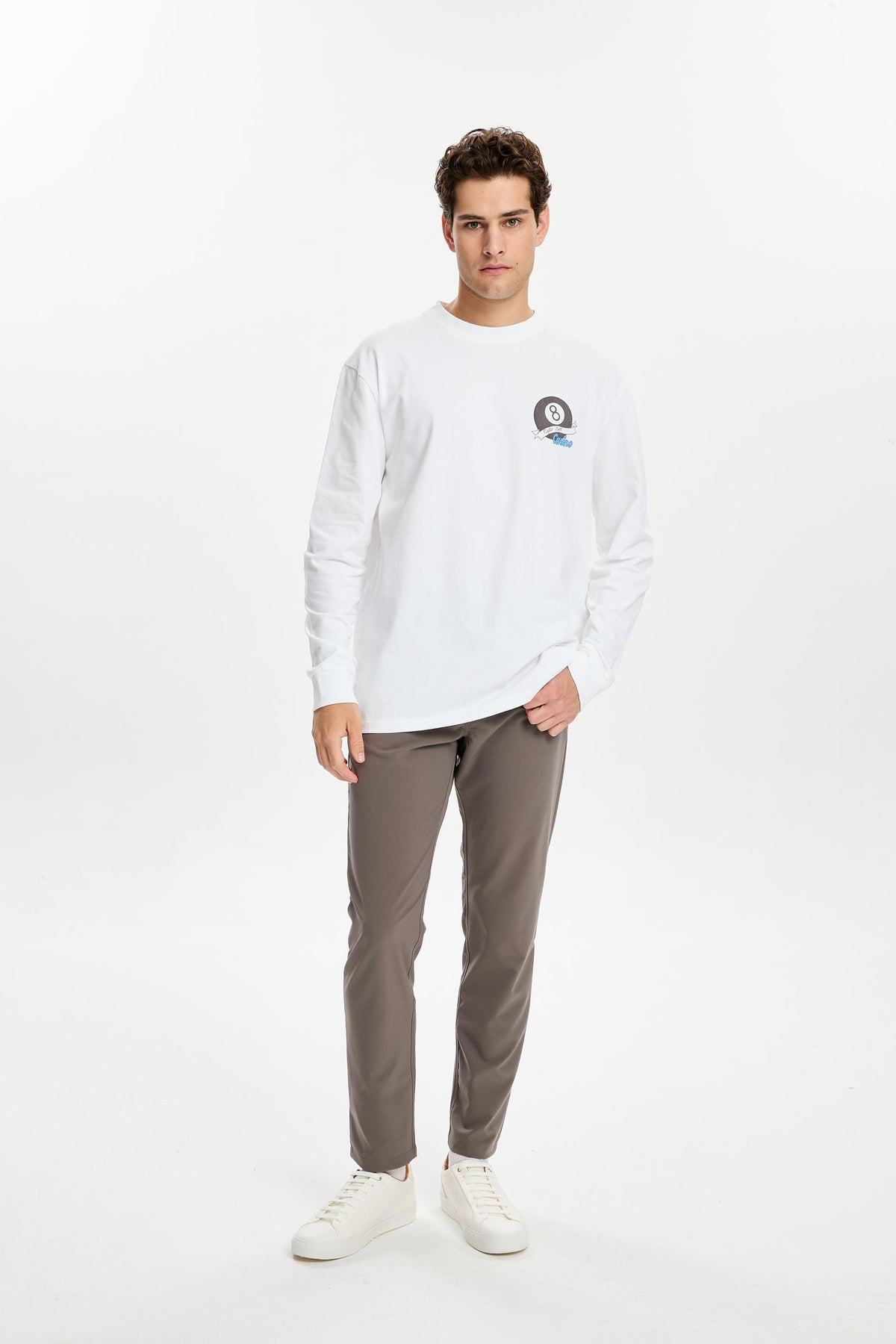 Beyaz Casino Baskılı Uzun Kollu T-Shirt