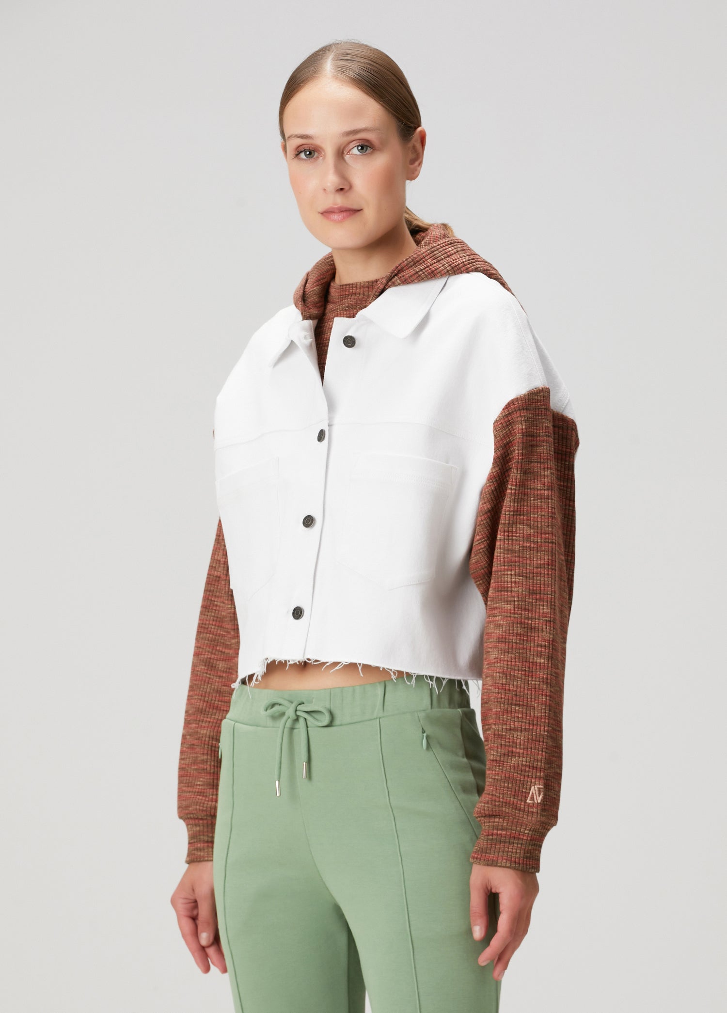 Denim Knit Ceket - Beyaz/Kiremit
