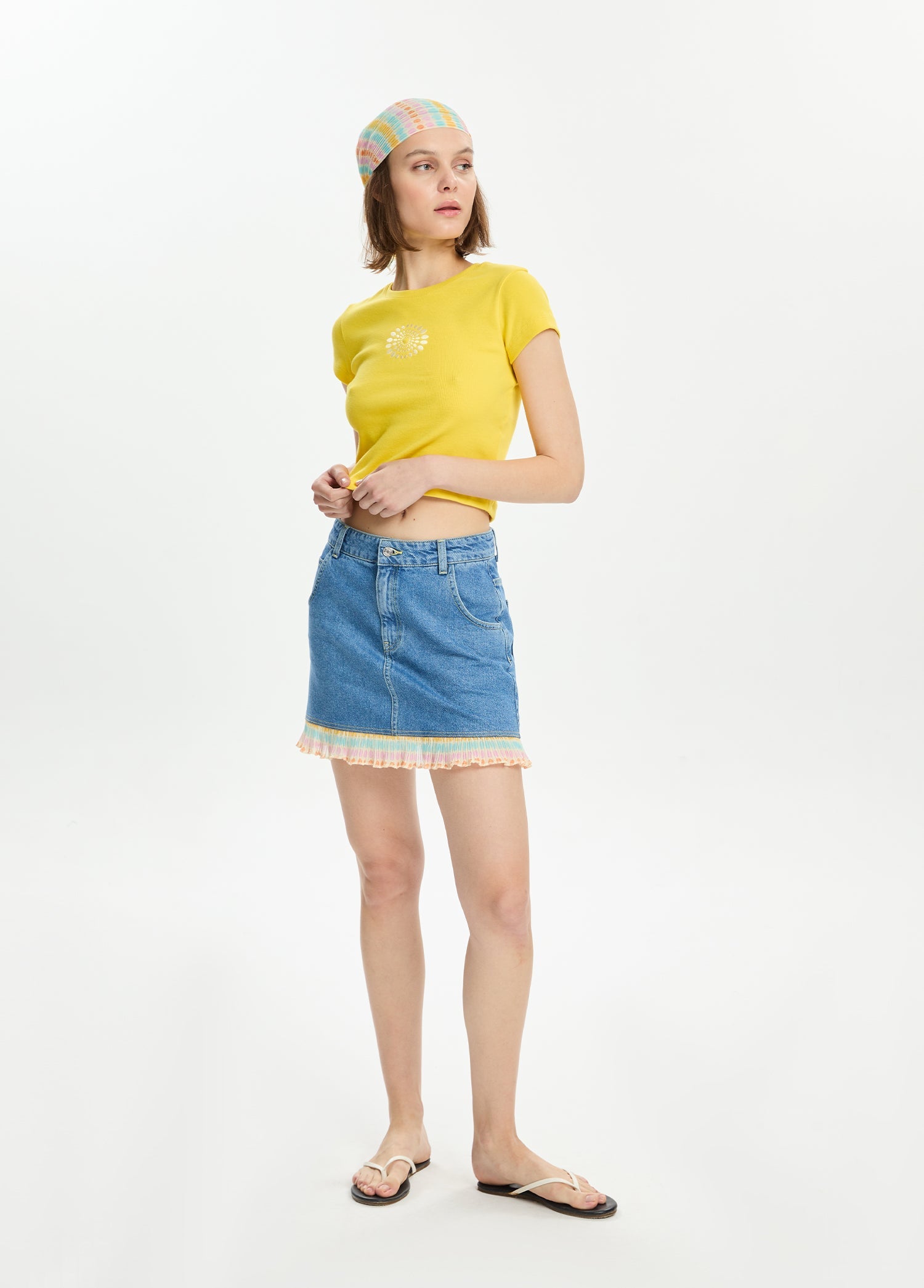 Desenli Pliseli Mini Denim Etek