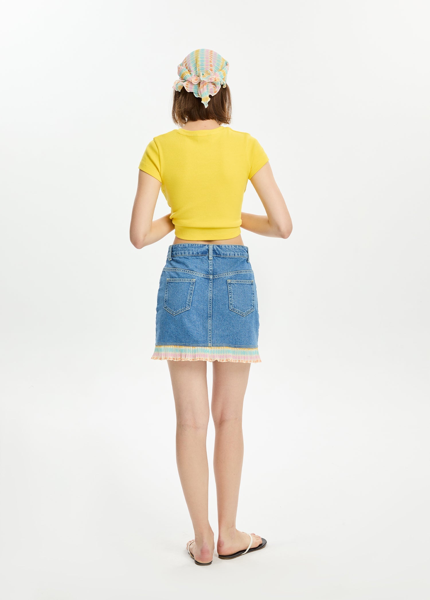 Desenli Pliseli Mini Denim Etek