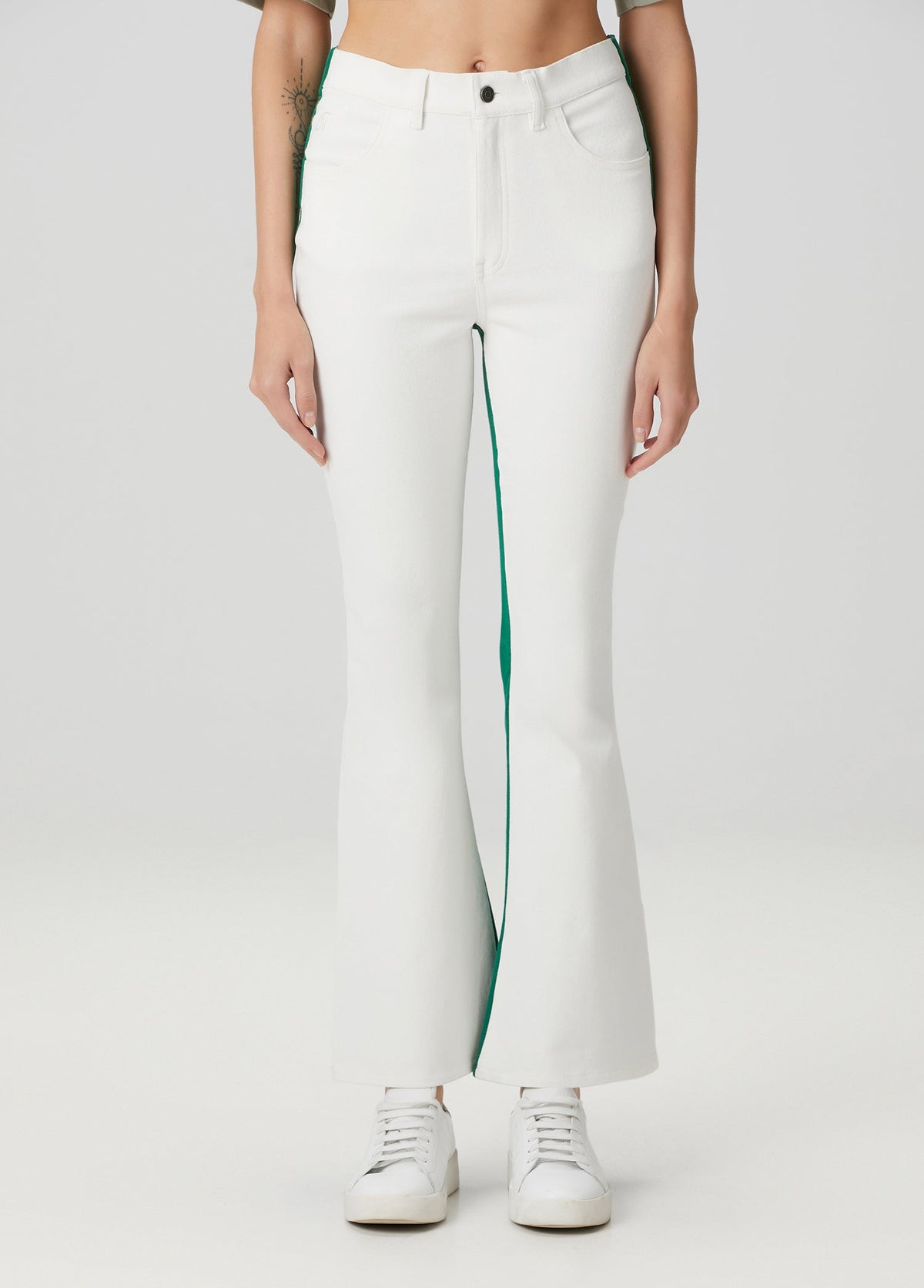 Flare Denim Pantolon - Beyaz/Yeşil