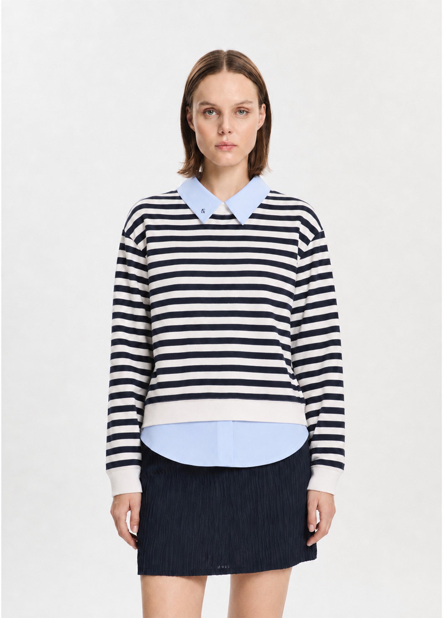Lacivert Çizgili Gömlek Katmanlı Sweatshirt