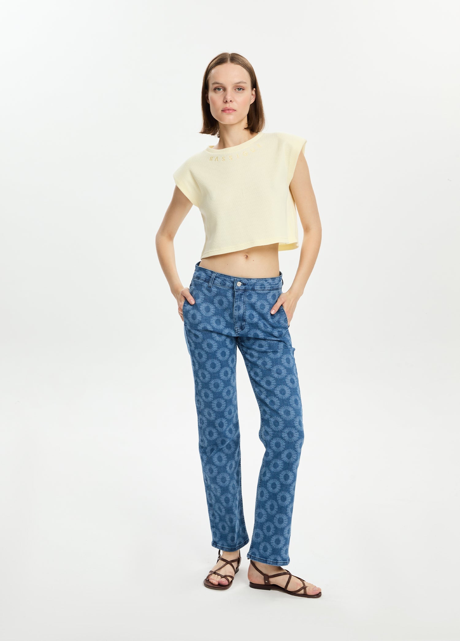 Lazer Baskılı Düz Kesim Denim Pantolon