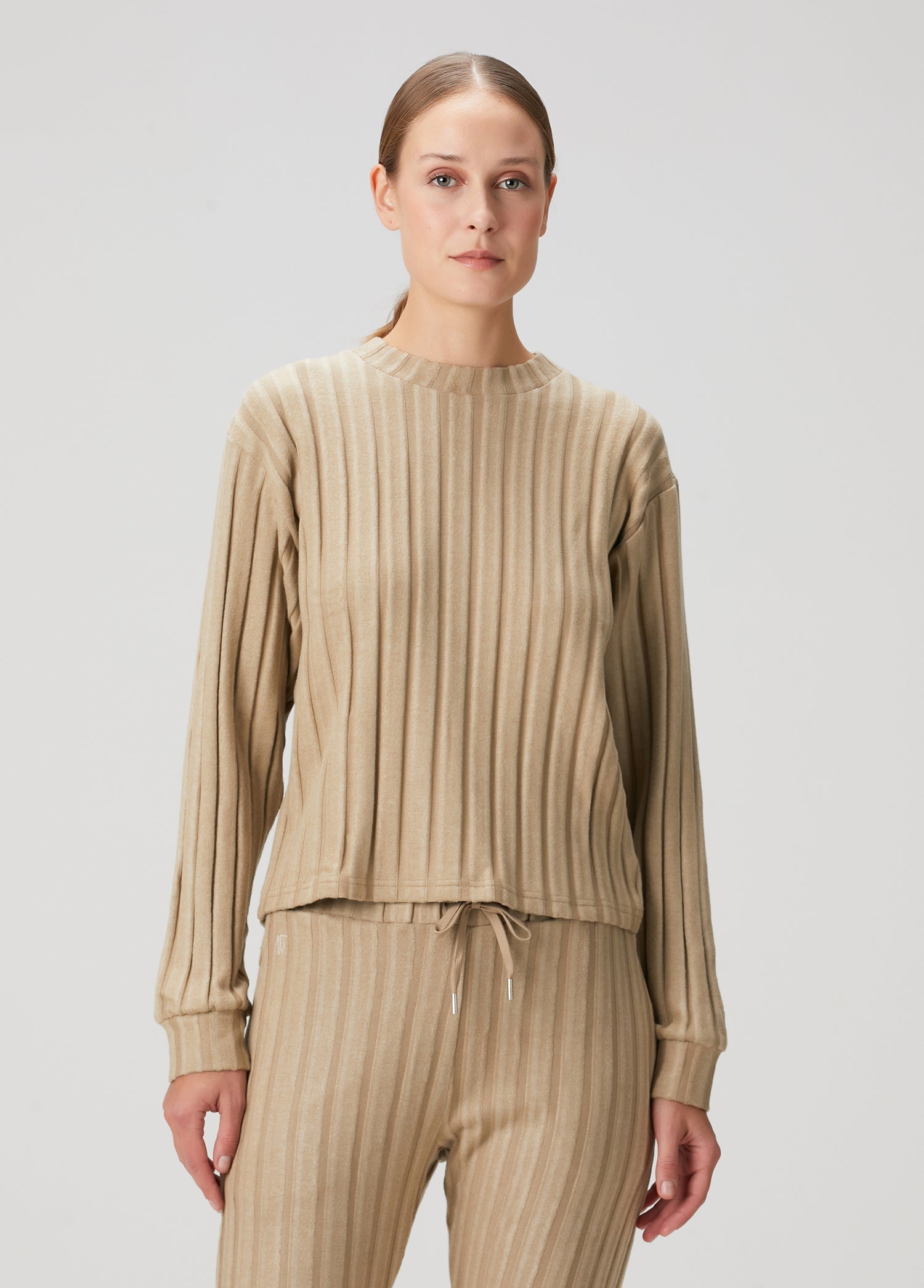 Şeritli Bisiklet Yaka Sweatshirt - Bej