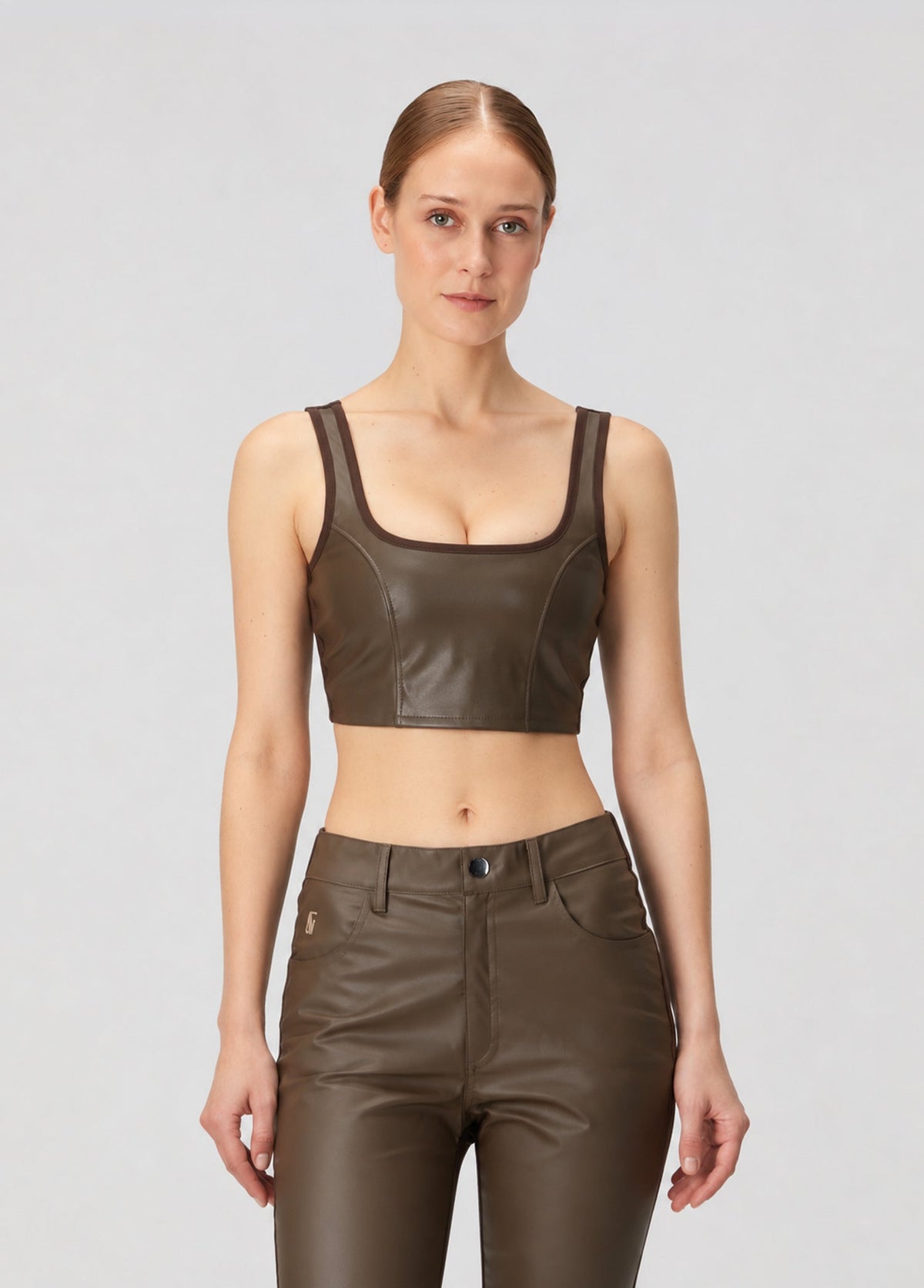 Vegan Deri Tank Top - Kahverengi
