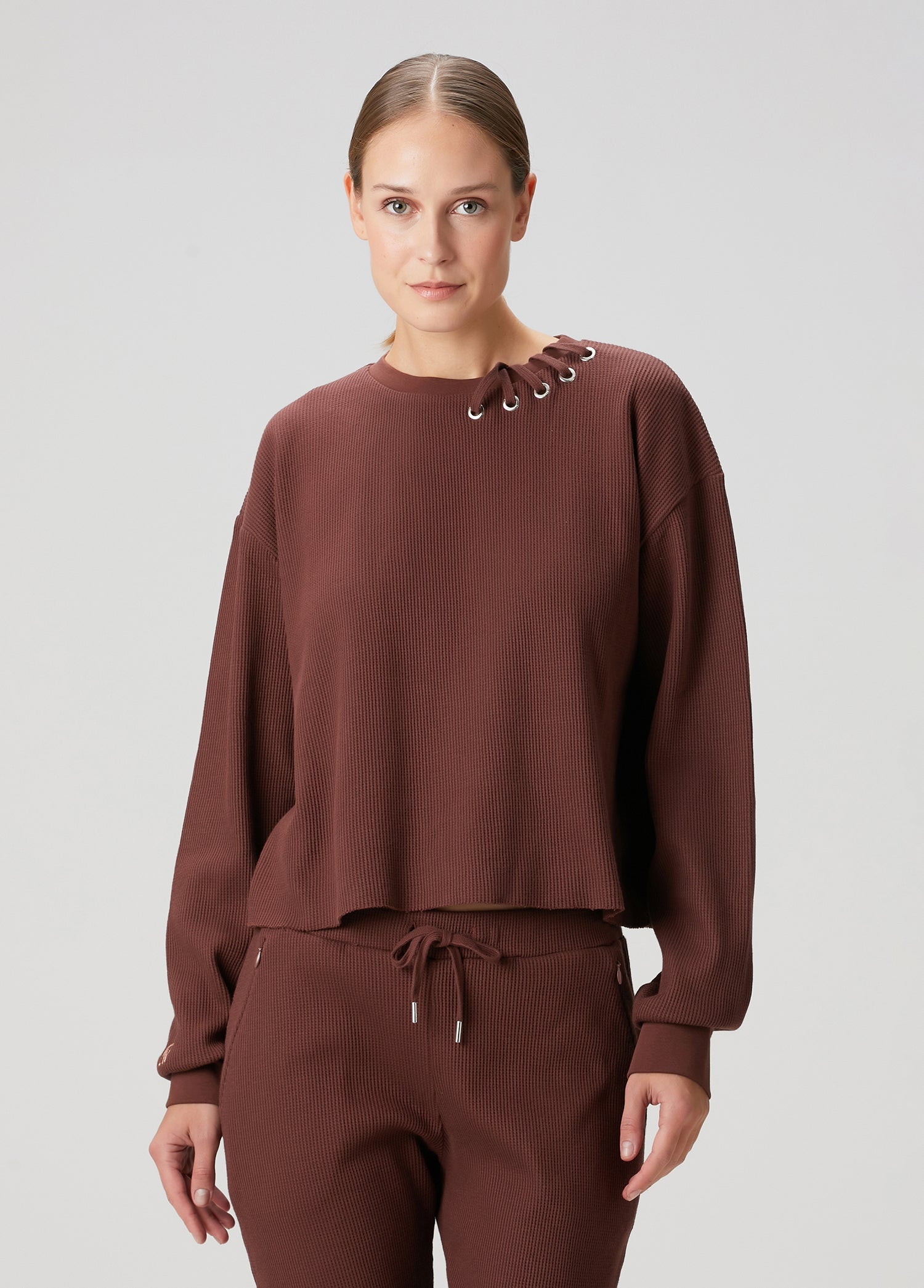 Waffle Bisiklet Yaka Sweatshirt - Kahverengi