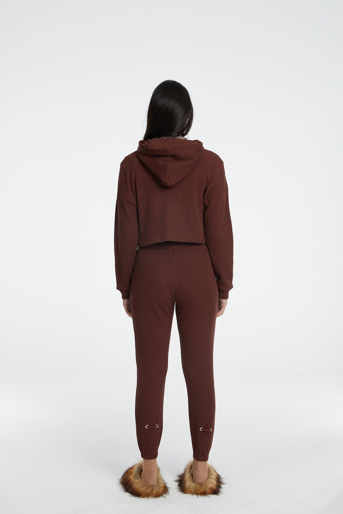 Waffle Kapüşonlu Sweatshirt - Kahverengi