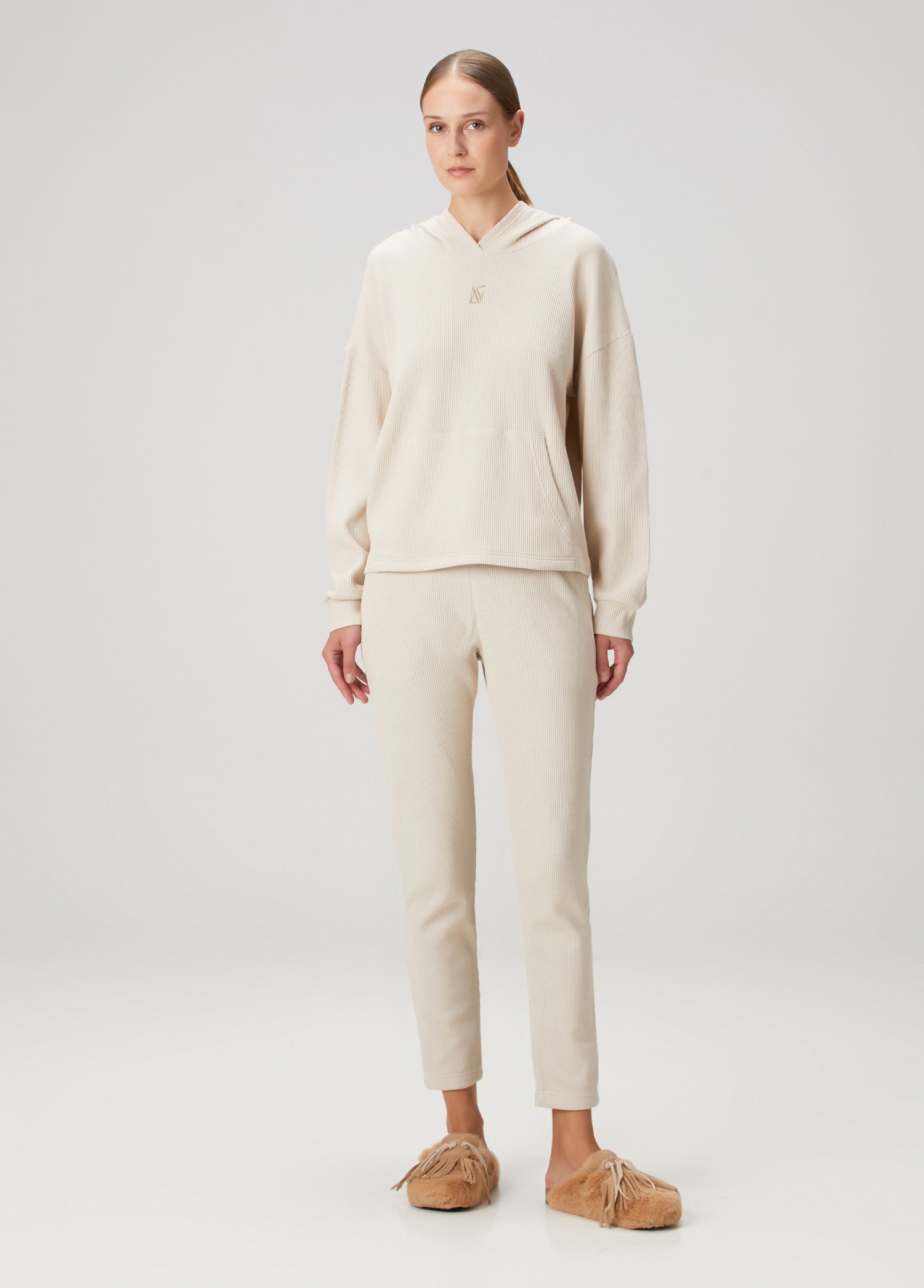 Waffle Oversize Kapüşonlu Sweatshirt - Bej