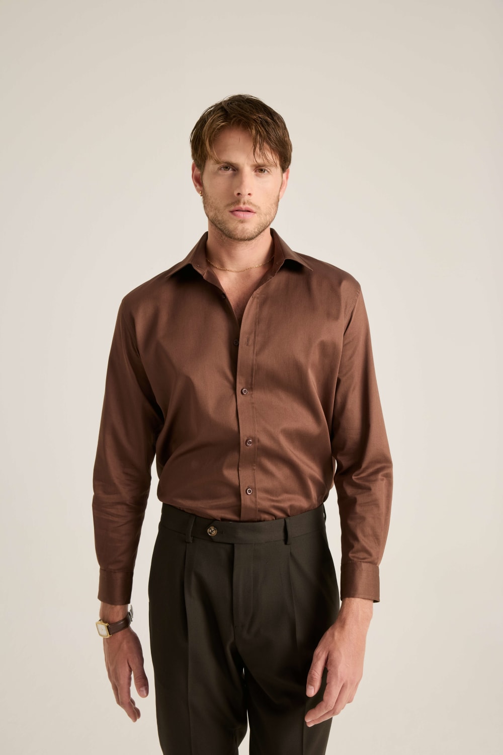 Batts-Vincent Koyu Kahve Saten Gömlek-Gömlek-1-Milagron.com
