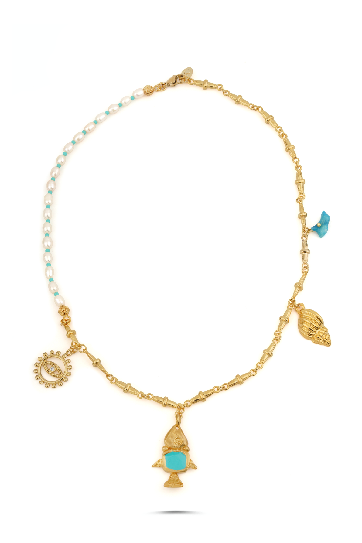 Berrin Özkan-Dancing Fish Charm Pearl Turquoise Necklace-Kolye-1-Milagron.com