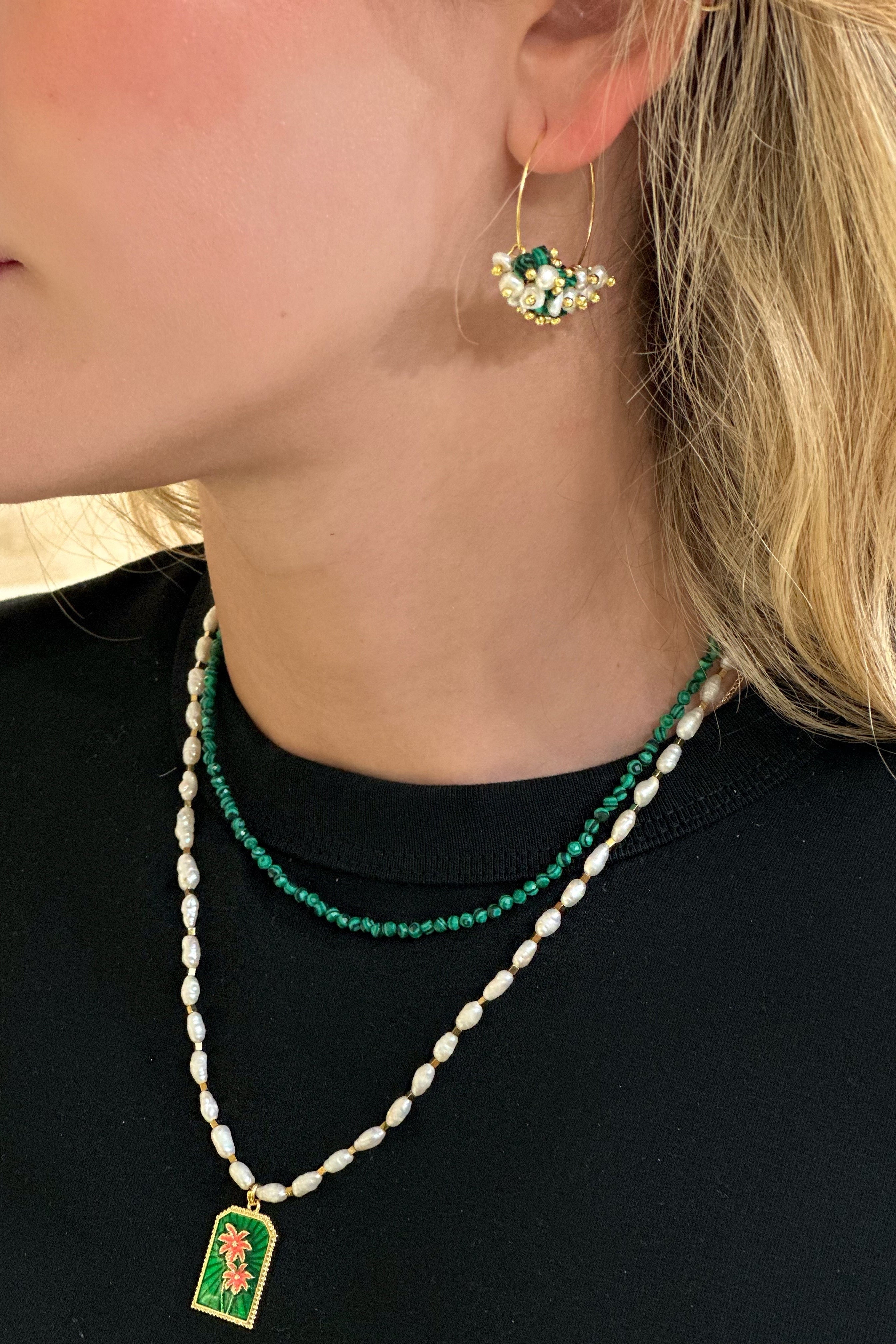 Berrin Özkan-Diana Malachite Pearl Earrings-Küpe-2-Milagron.com