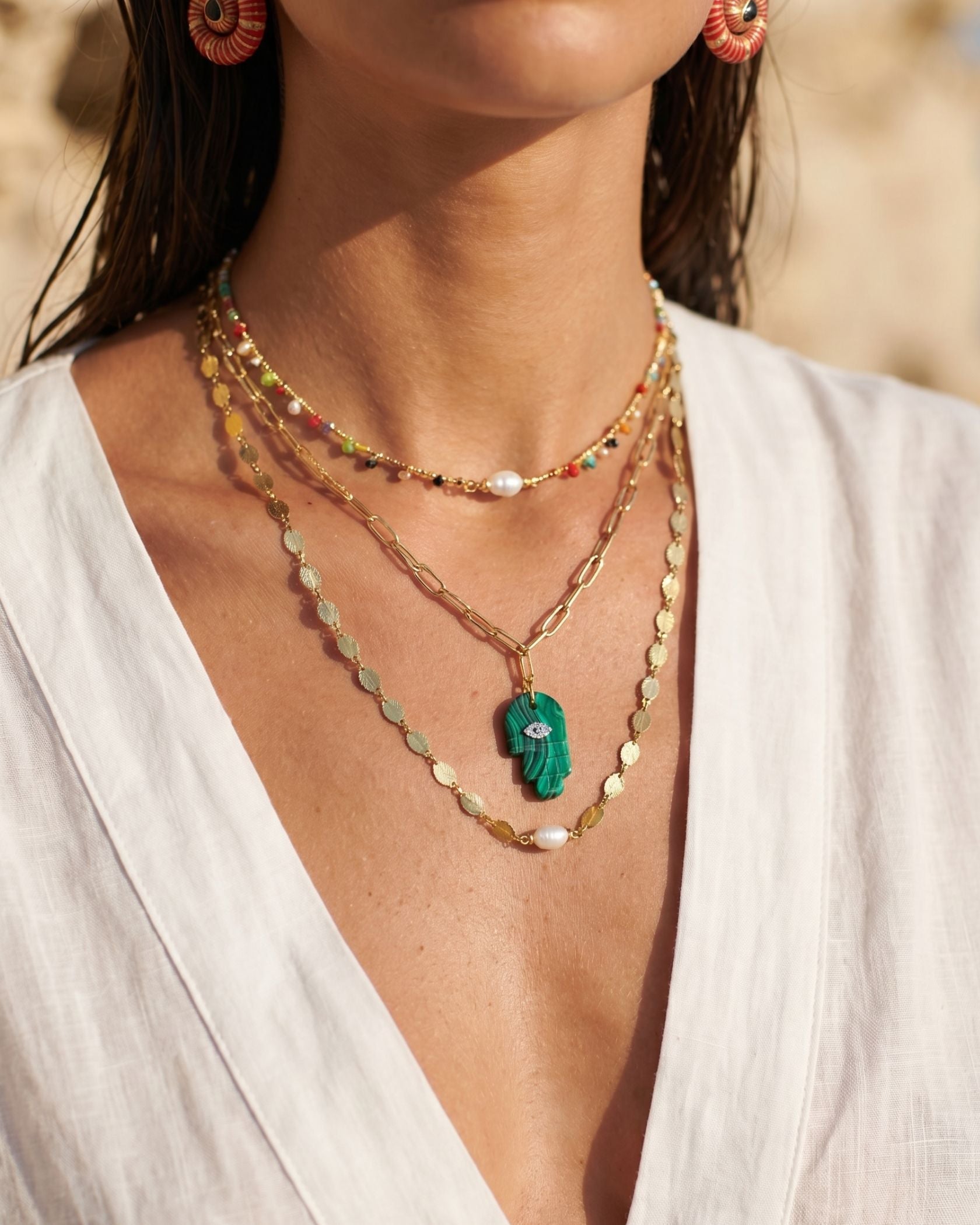 Fortune Malachite Hamsa Layered Necklace