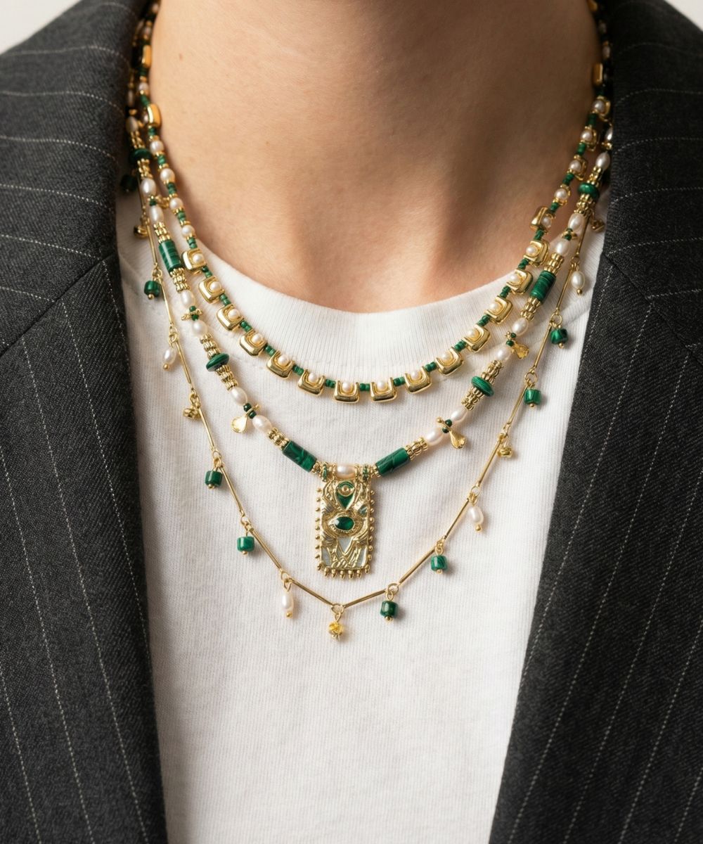 Golden Wave Malachite Pearl Necklace