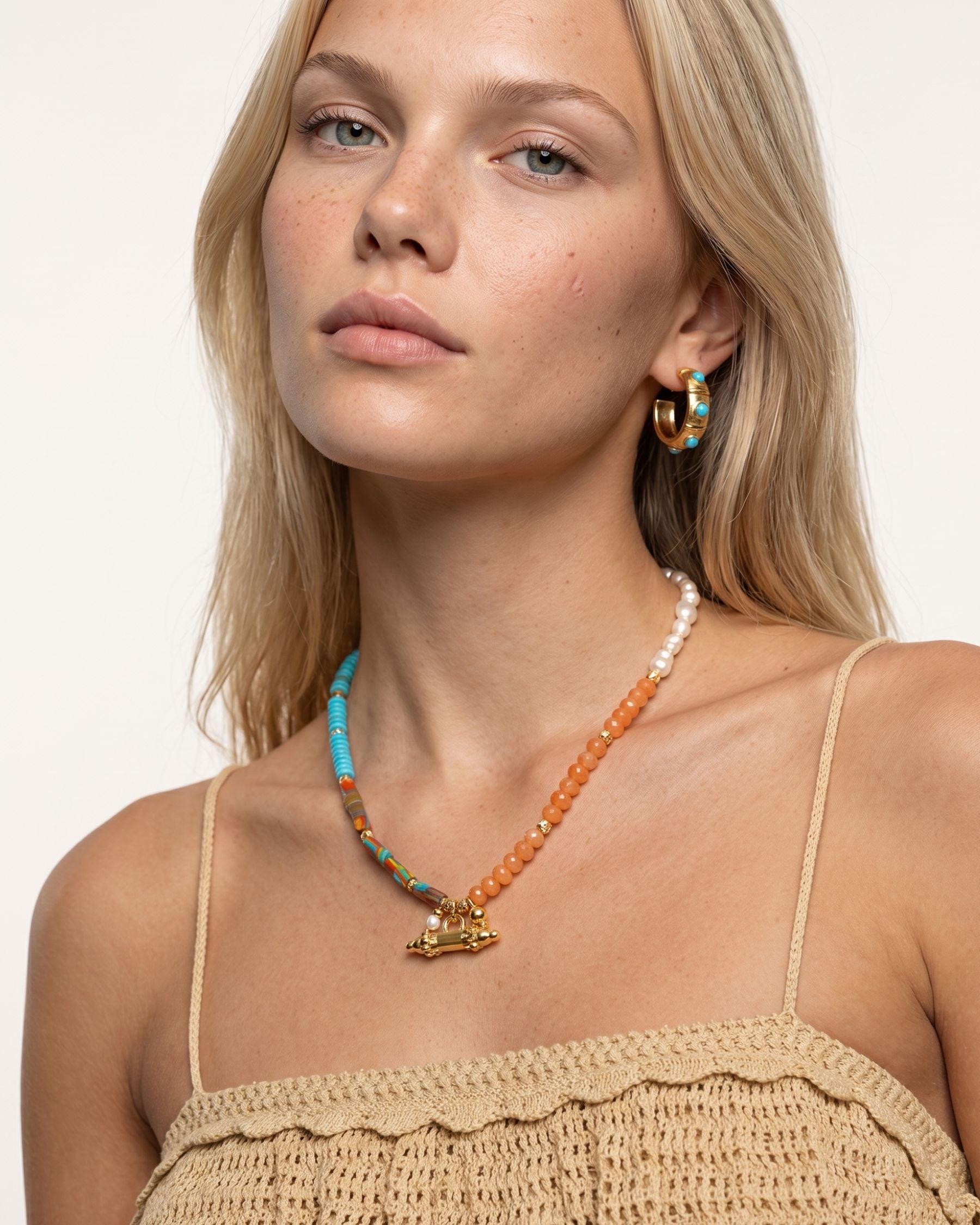 Seaside Orange Blue Natural Stone Pearl Necklace