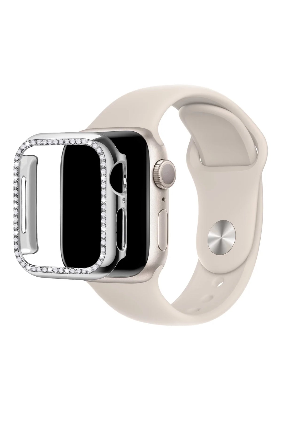 Apple Watch Uyumlu Bumper Taşlı Parlak Kasa Platinum