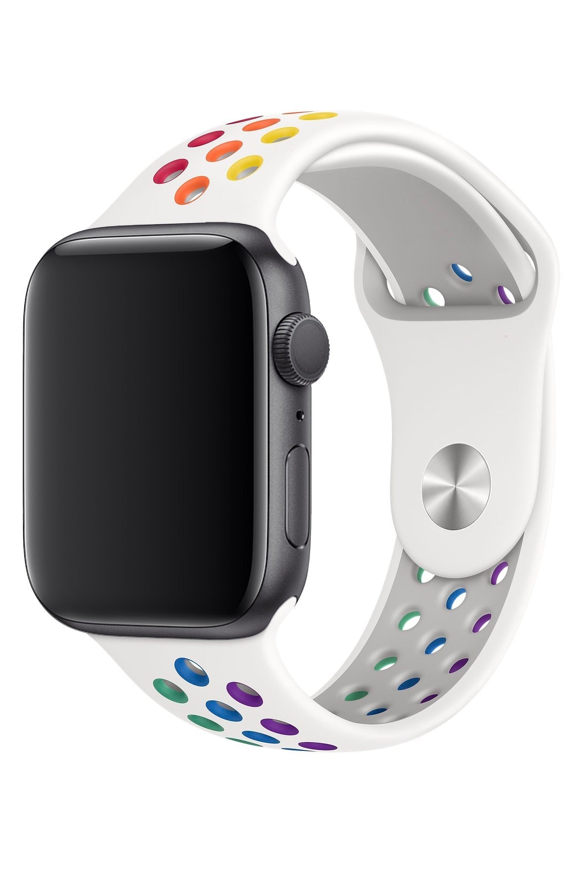 Apple Watch Uyumlu Silikon Delikli Spor Kordon Beyaz Gökkuşağı