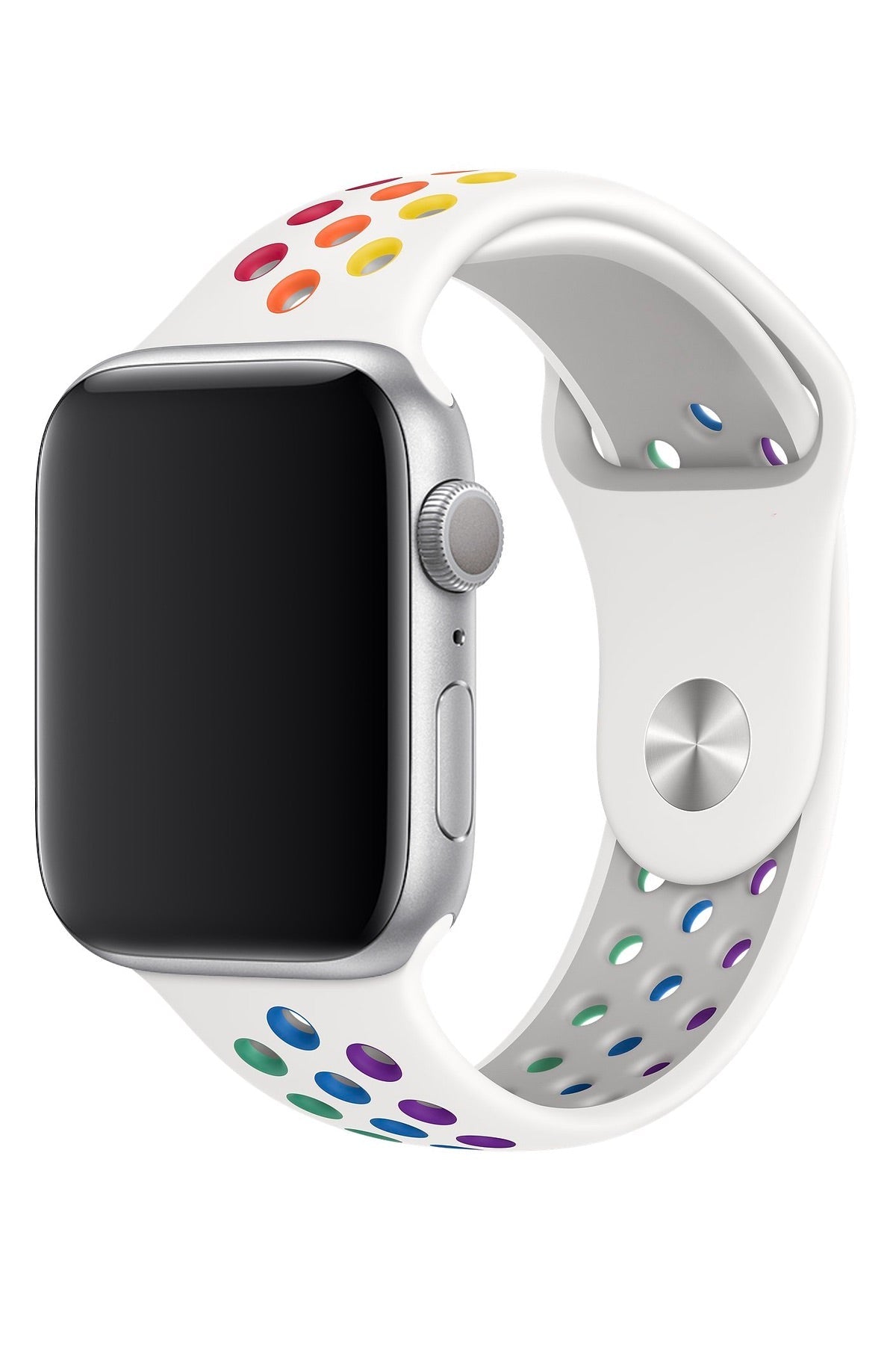 Apple Watch Uyumlu Silikon Delikli Spor Kordon Beyaz Gökkuşağı