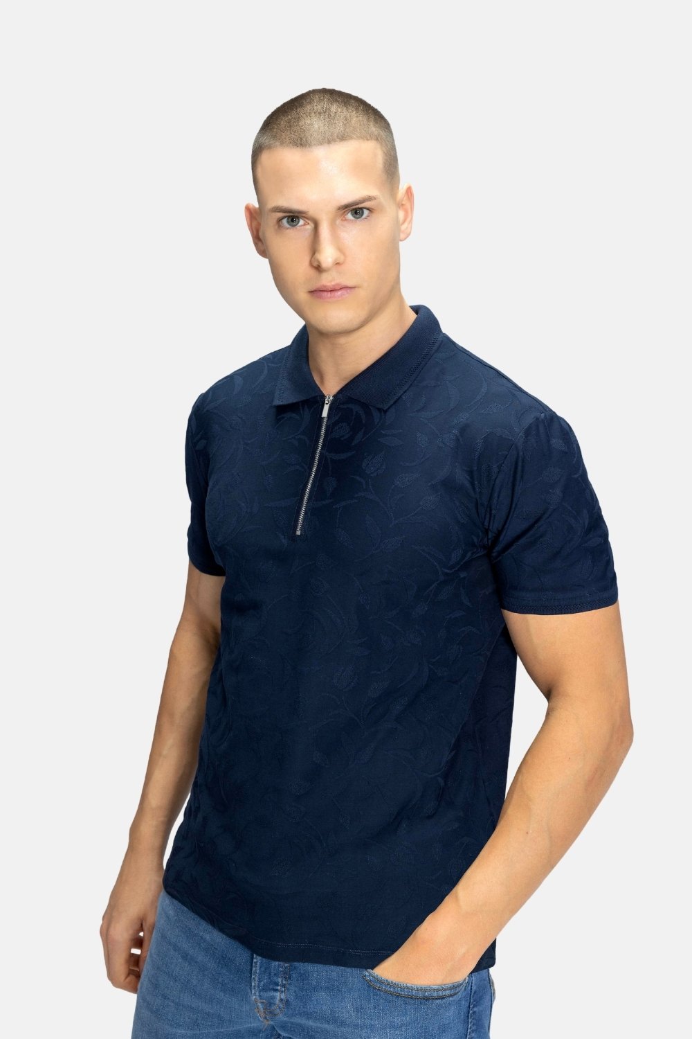 Blinky London-Jacquard Desenli Fermuarlı Lacivert Polo Yaka T-shirt-T-Shirts-1-Milagron.com