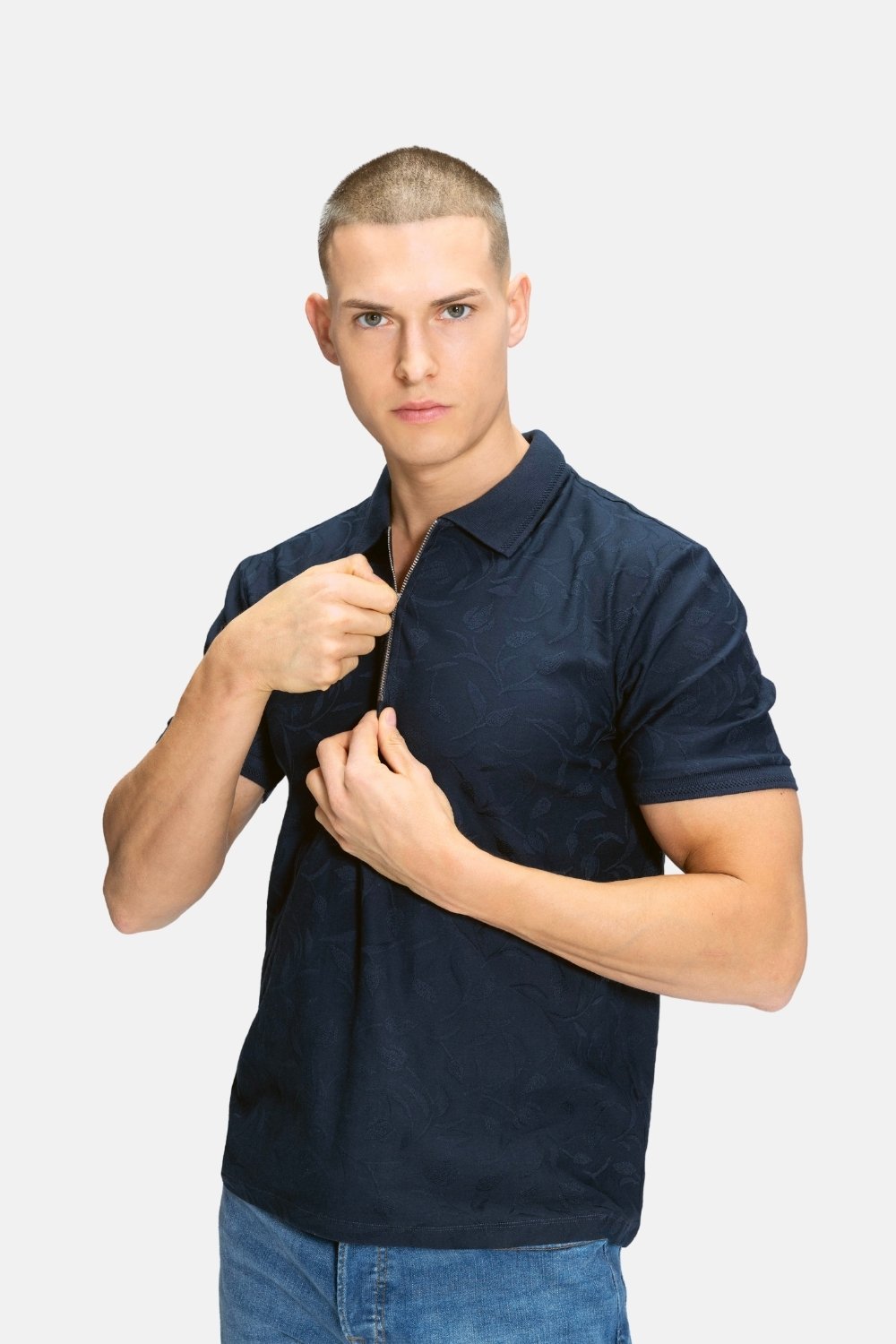 Blinky London-Jacquard Desenli Fermuarlı Lacivert Polo Yaka T-shirt-T-Shirts-3-Milagron.com