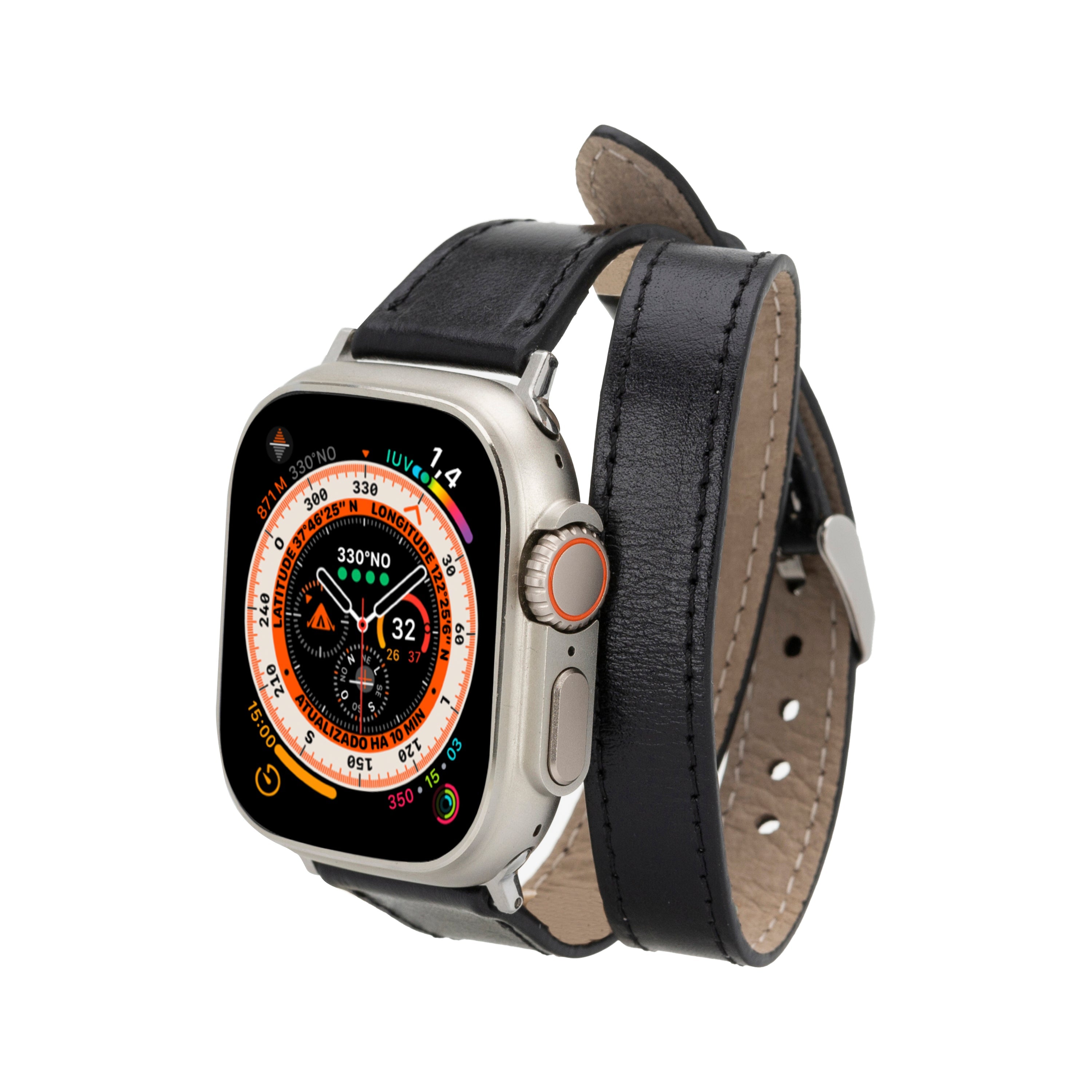 Alpine Slim Double Tour Noir Black Hakiki Deri Apple Watch Kordonu - 44/45/46/49Mm