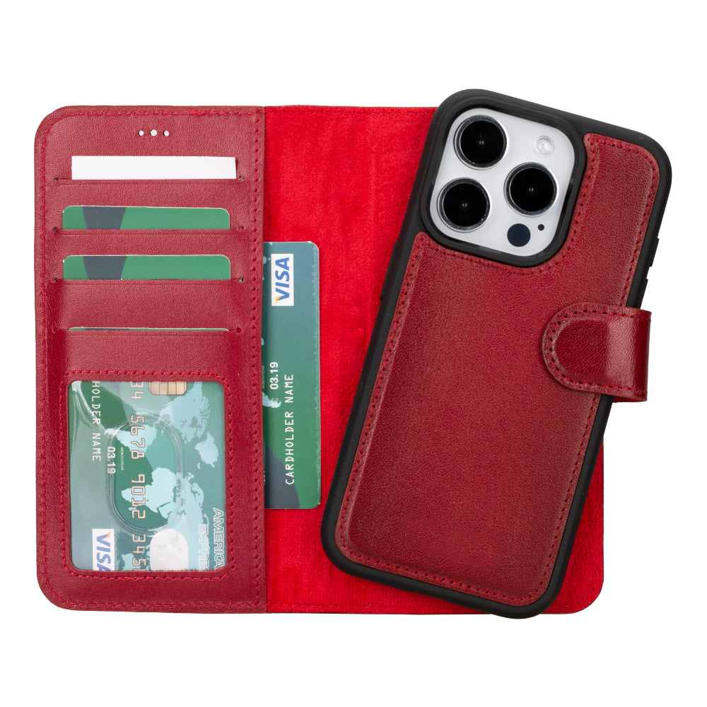 Aurel Magna Crimson Rouge Deri Iphone 16 Pro (6.3") Wallet Case – Rfid Korumalı & Magsafe Uyumlu