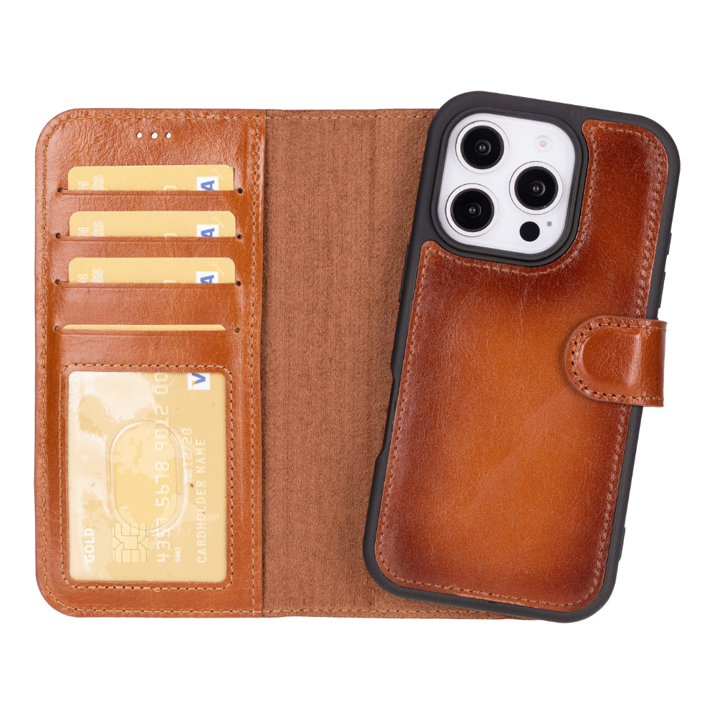 Aurel Magna Golden Tan Deri Iphone 16 Pro (6.3") Wallet Case – Rfid Korumalı & Magsafe Uyumlu