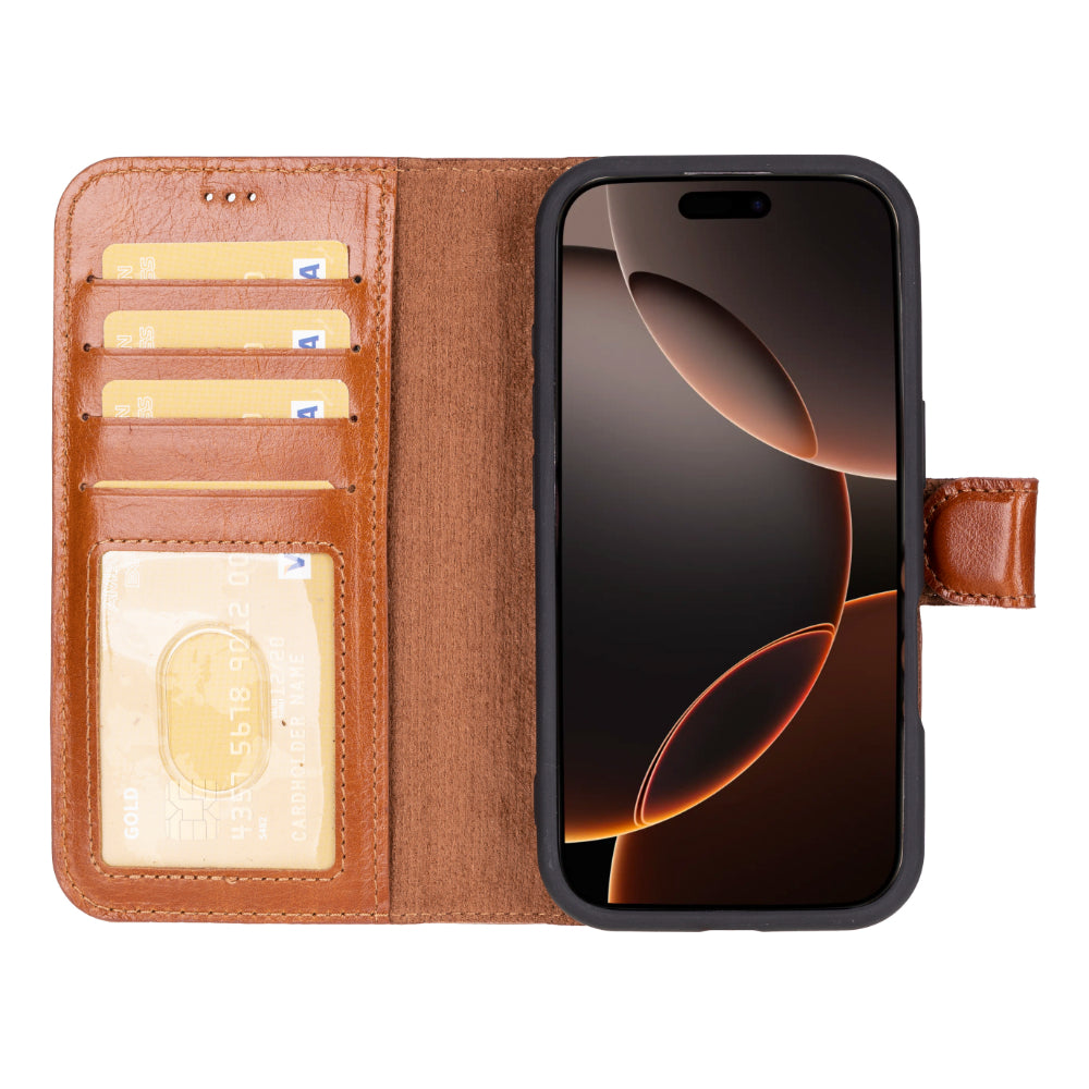 Aurel Magna Golden Tan Deri Iphone 16 Pro (6.3") Wallet Case – Rfid Korumalı & Magsafe Uyumlu