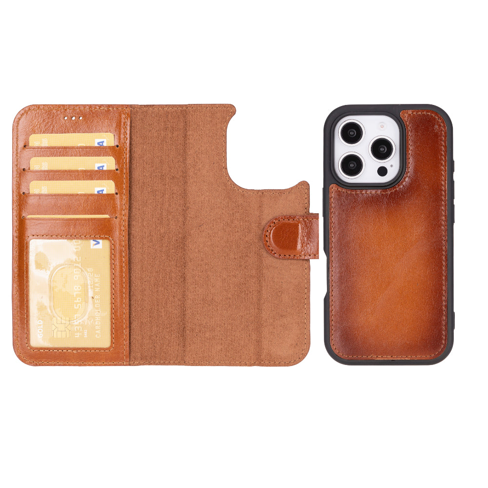 Aurel Magna Golden Tan Deri Iphone 16 Pro (6.3") Wallet Case – Rfid Korumalı & Magsafe Uyumlu