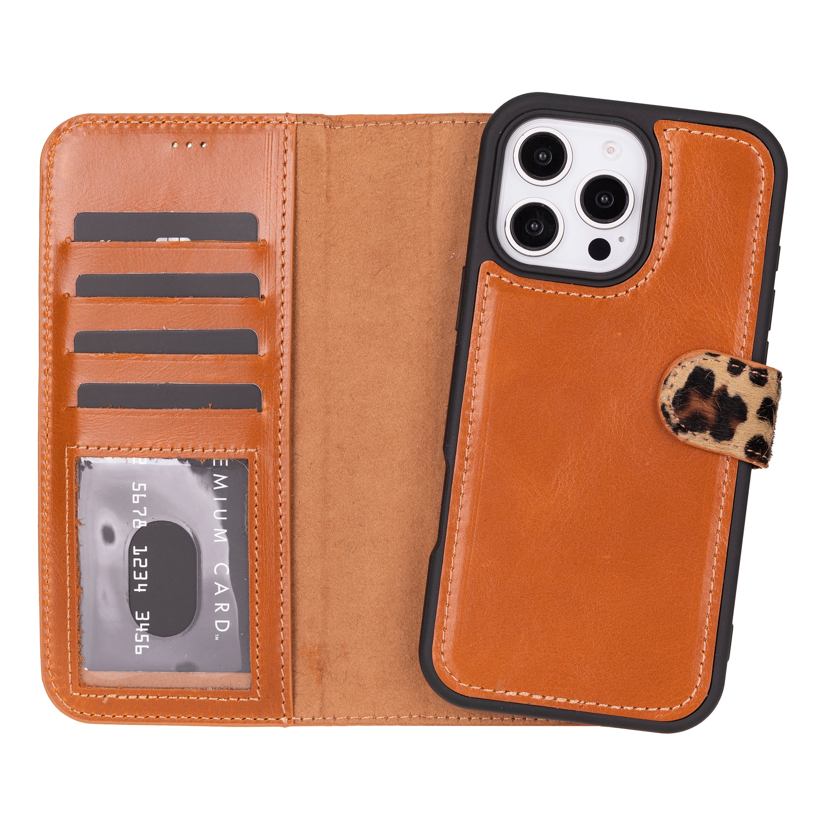 Aurel Magna Leopard Couture Deri Iphone 16 Pro (6.3") Wallet Case – Rfid Korumalı & Magsafe Uyumlu