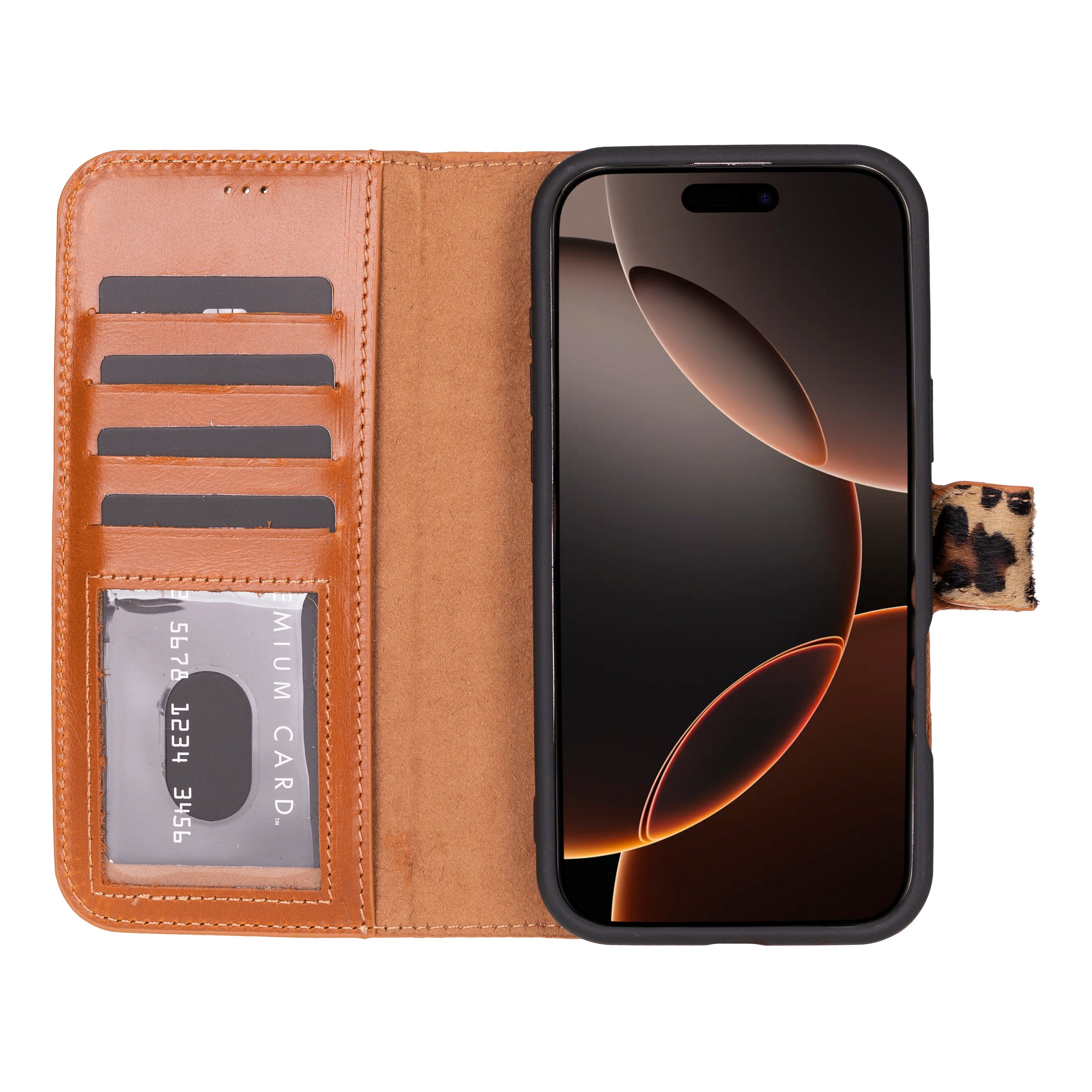 Aurel Magna Leopard Couture Deri Iphone 16 Pro (6.3") Wallet Case – Rfid Korumalı & Magsafe Uyumlu