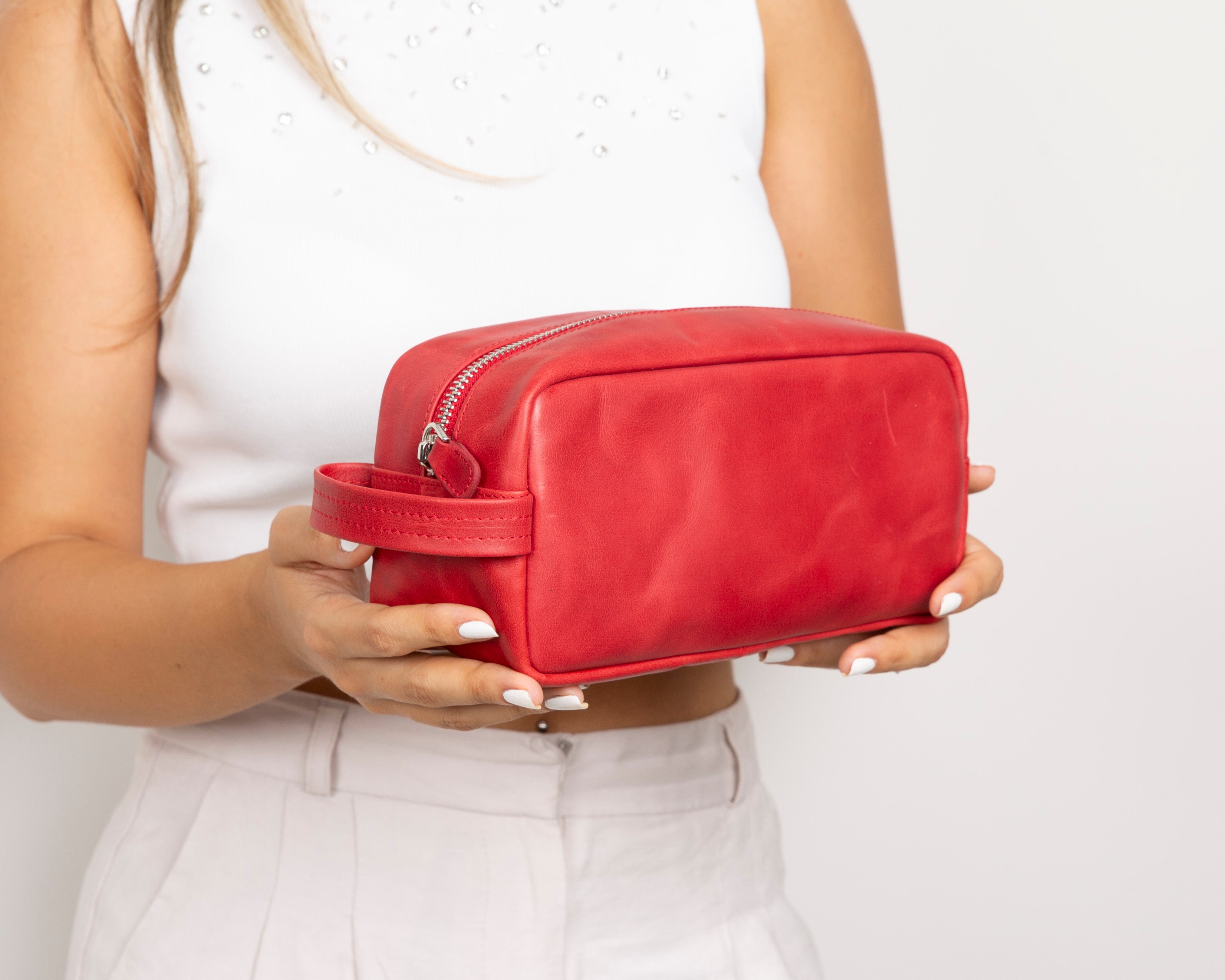 Bloominbag-Bloom Biel Crimson Red Kırmızı Hakiki Deri Seyahat Ve Makyaj çantası-3-Milagron.com