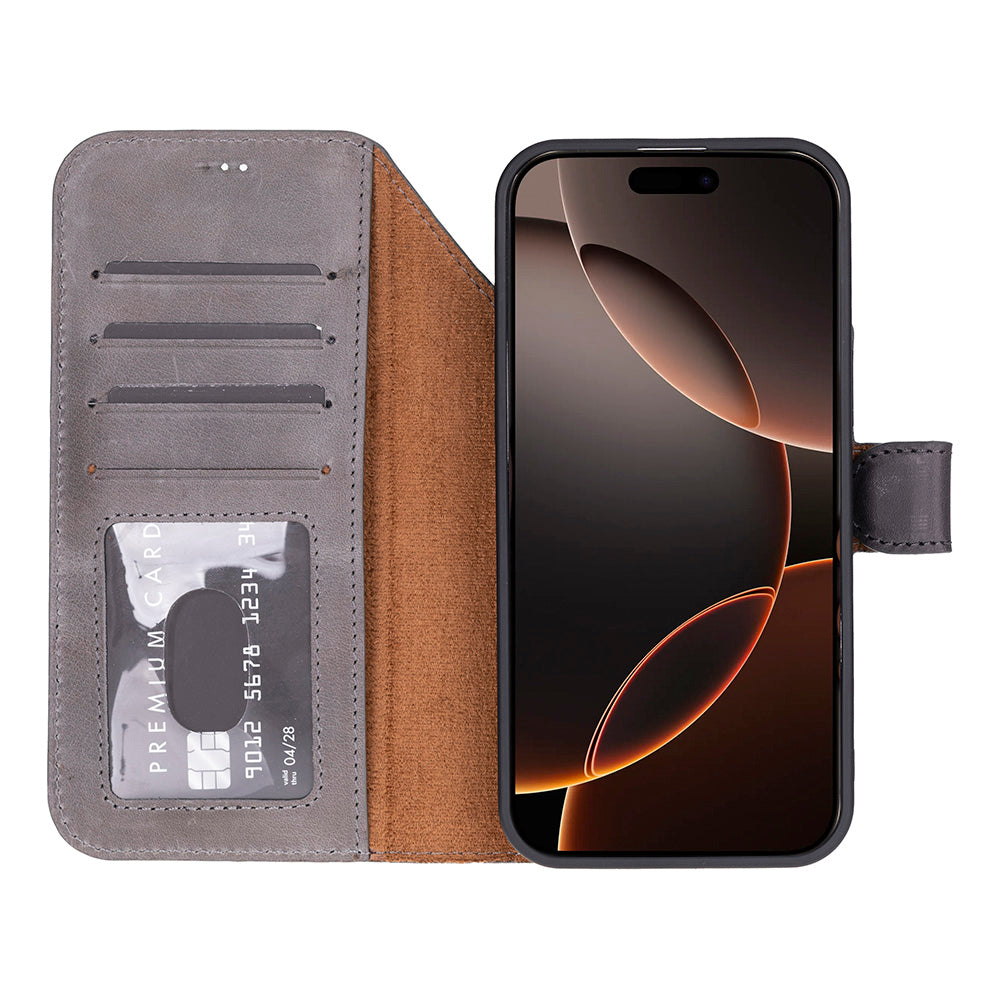 Bloominbag-Bloom Case Magic Wallet Ash Gray Apple I Phone 17 Pro (6.3") Hakiki Deri çıkarılabilir Cüzdanlı Telefon Kılıfı-5-Milagron.com