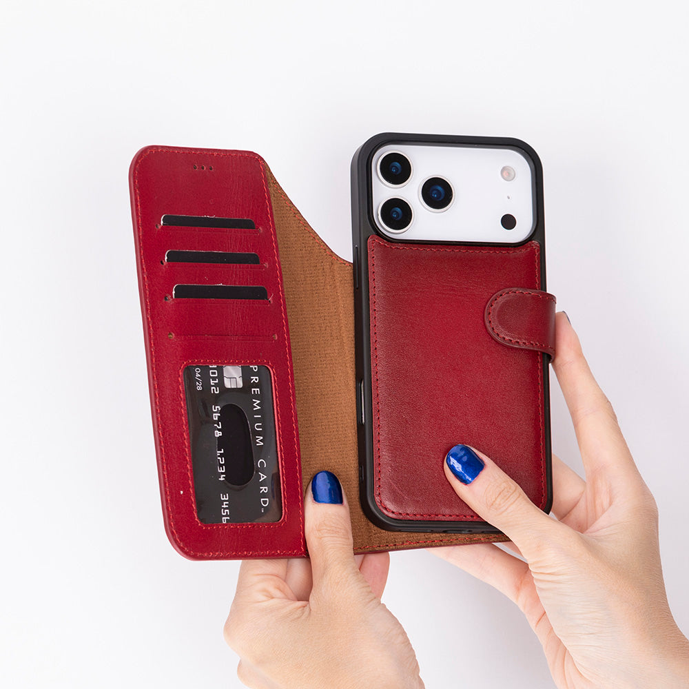 Bloominbag-Bloom Case Magic Wallet Crimson Red Apple I Phone 17 Pro (6.3") Hakiki Deri çıkarılabilir Cüzdanlı Telefon Kılıfı-2-Milagron.com