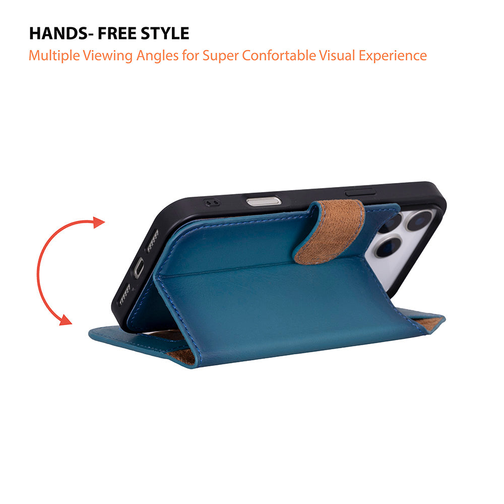 Bloominbag-Bloom Case Magic Wallet Midnight Blue Apple I Phone 17 Pro (6.3") Hakiki Deri çıkarılabilir Cüzdanlı Telefon Kılıfı-4-Milagron.com