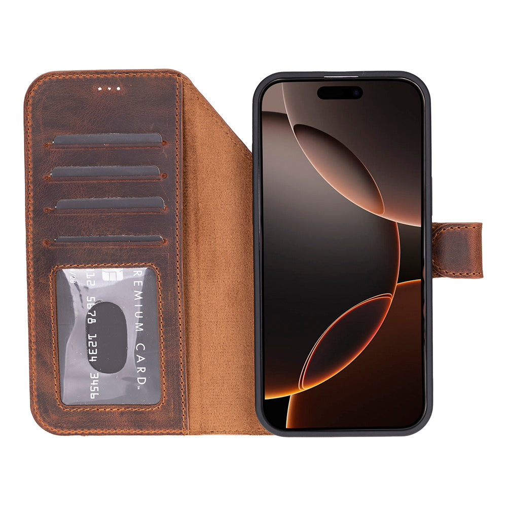 Bloominbag-Bloom Case Magic Wallet Saddle Brown Apple I Phone 17 Pro (6.3") Hakiki Deri çıkarılabilir Cüzdanlı Telefon Kılıfı-5-Milagron.com
