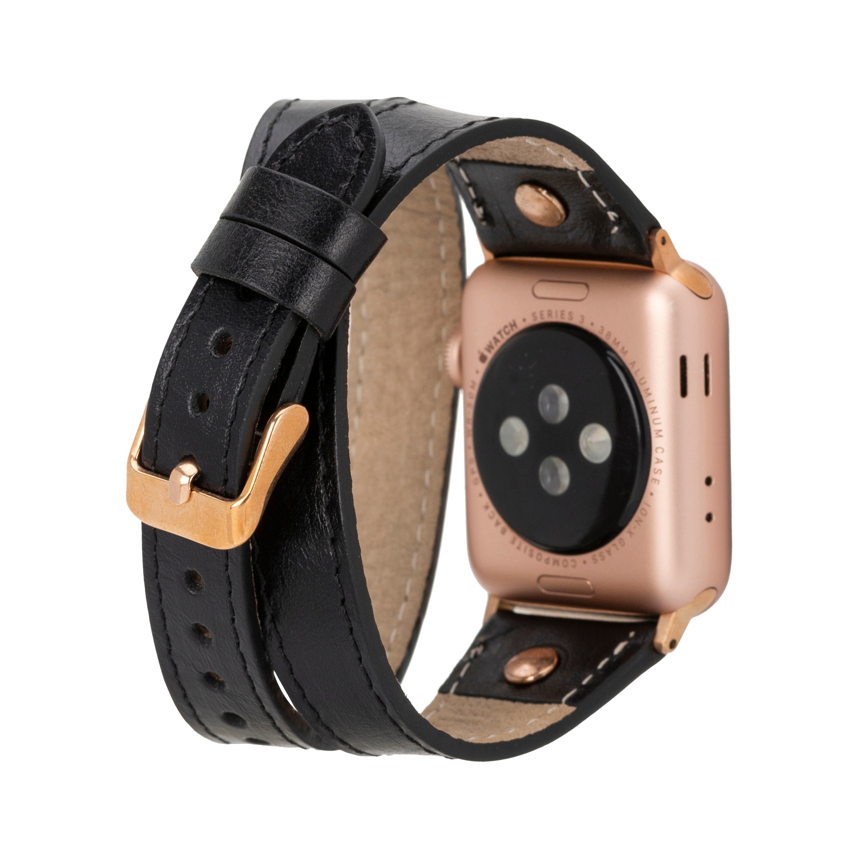 Bloomband Gold Tokalı Double Tour Onyx Black Deri Apple Watch Kayışı - 44/45/46/49Mm