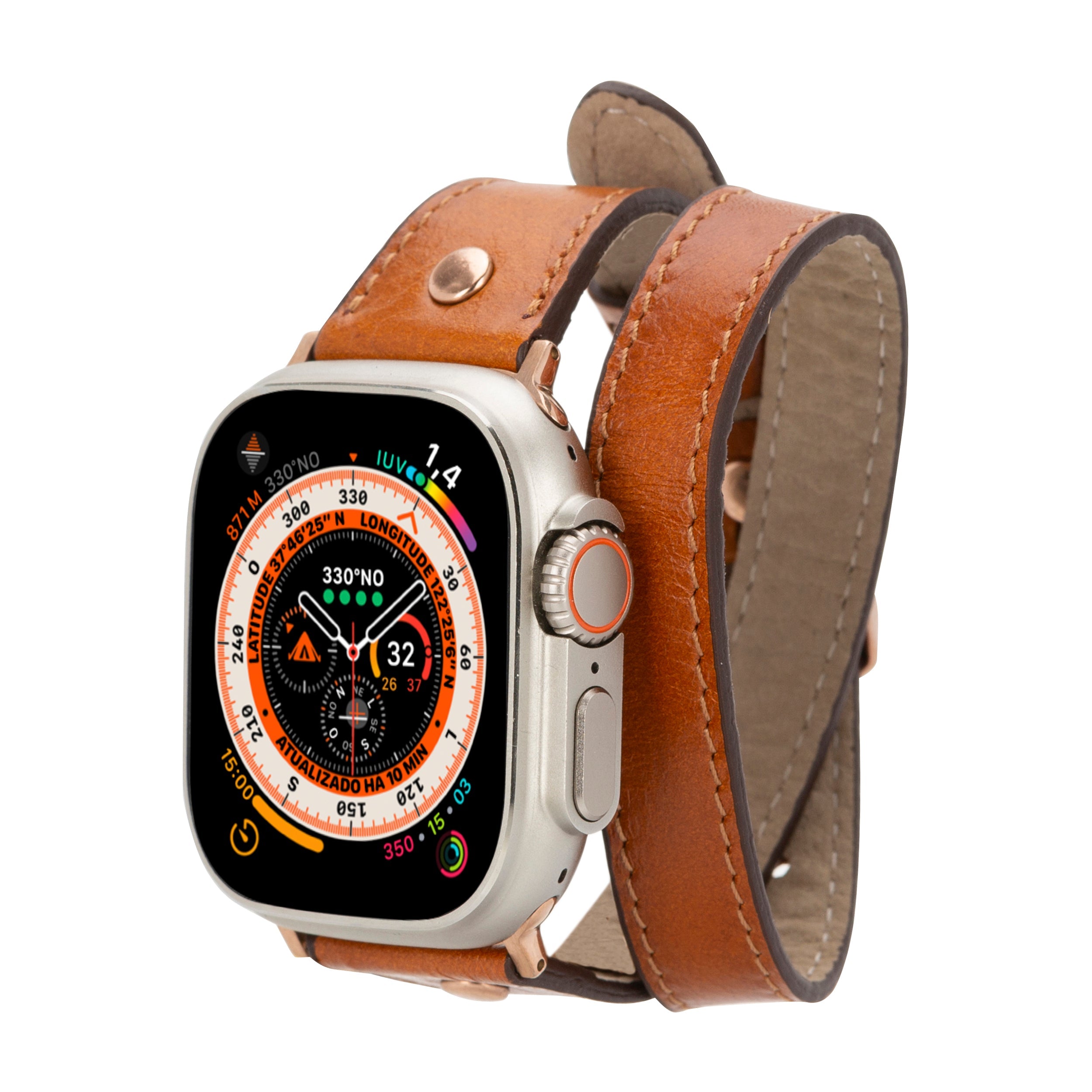 Bloomband Gold Tokalı Double Tour Tan Deri Apple Watch Kayışı - 44/45/46/49Mm