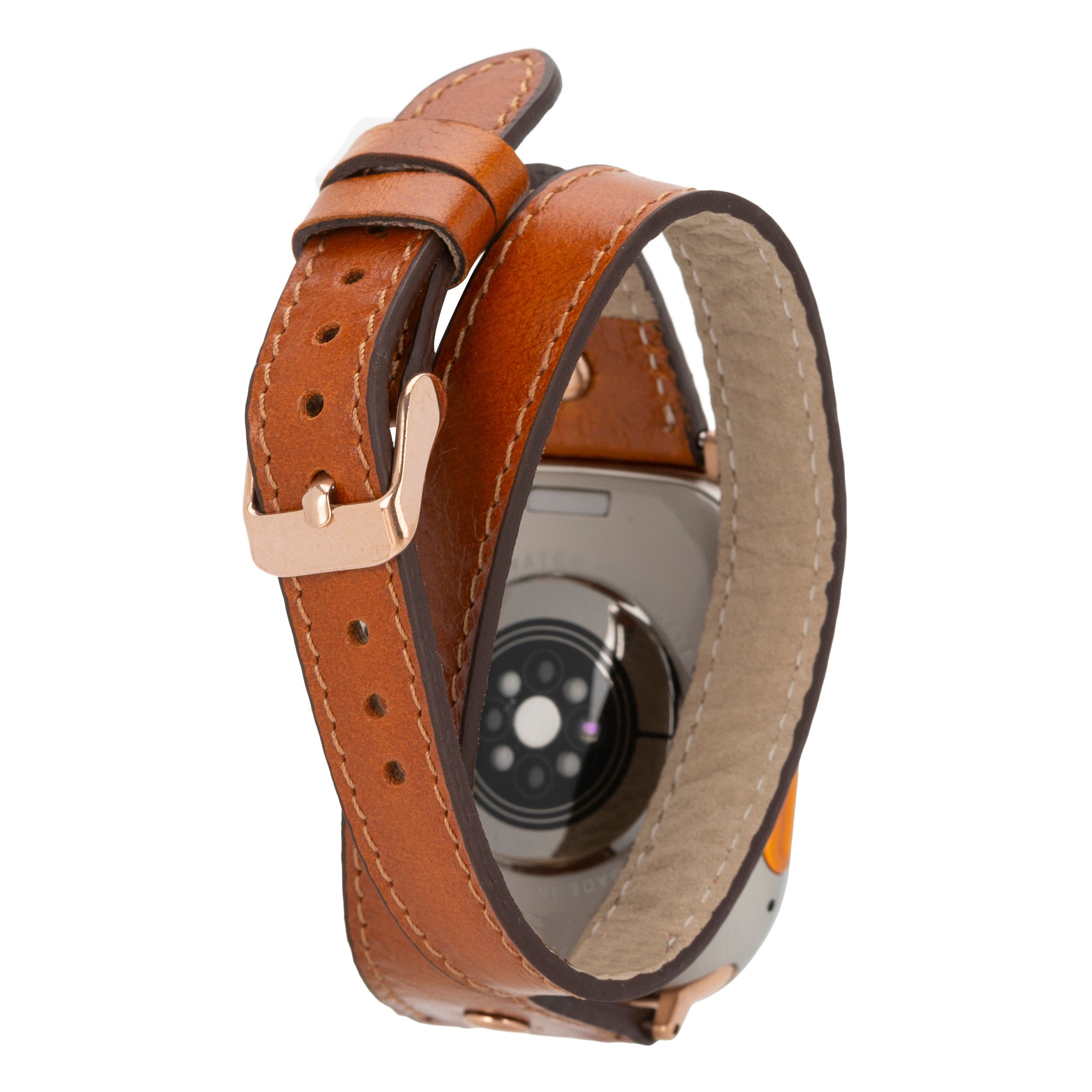 Bloomband Gold Tokalı Double Tour Tan Deri Apple Watch Kayışı - 44/45/46/49Mm