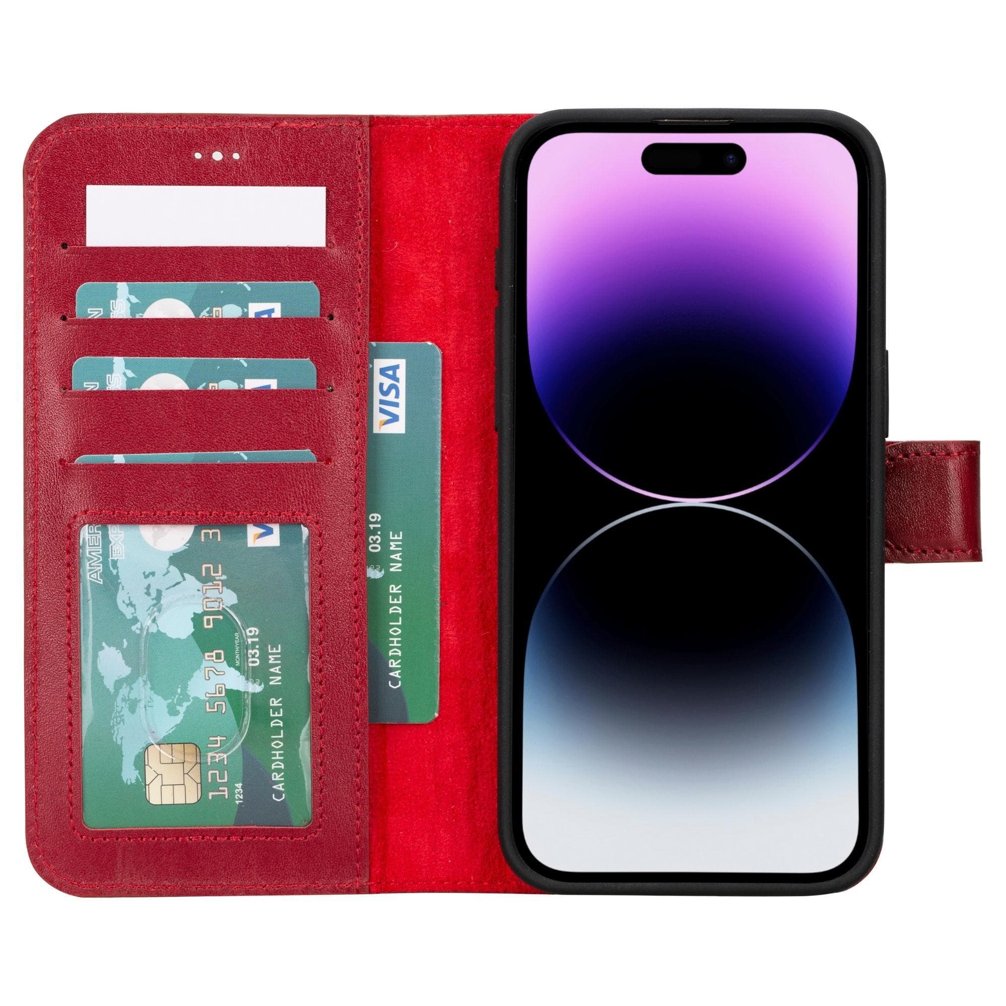 Bloomcase Apple Iphone 15 Pro Max (6.7") Cherry Red Hakiki Deri Çıkarılabilir Cüzdanlı Telefon Kılıfı