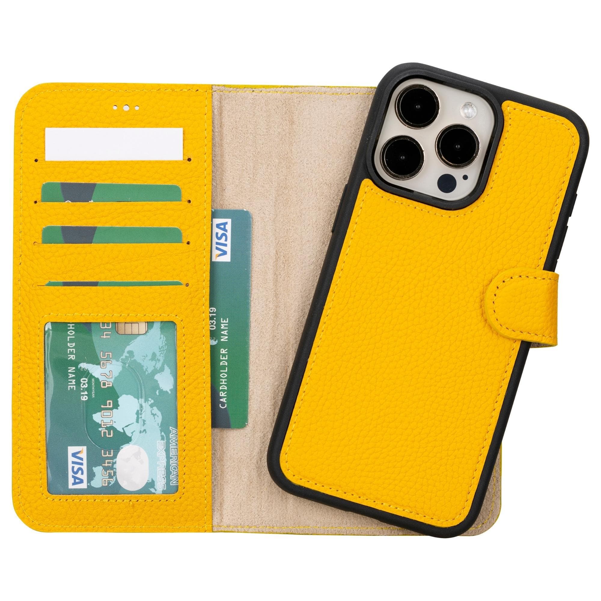 Bloomcase Apple Iphone 15 Pro Max (6.7") Soleil Yellow Hakiki Deri Çıkarılabilir Cüzdanlı Telefon Kılıfı