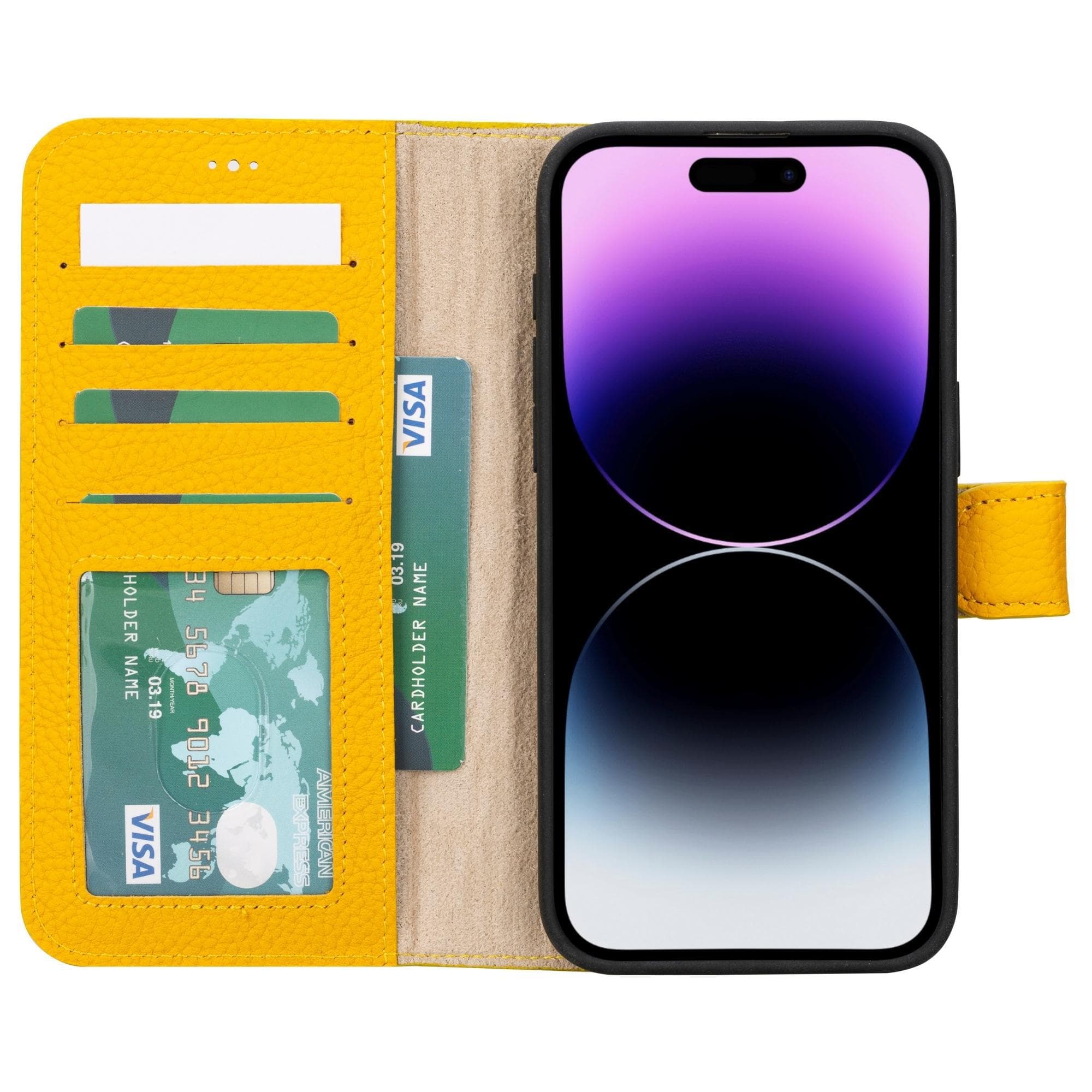 Bloomcase Apple Iphone 15 Pro Max (6.7") Soleil Yellow Hakiki Deri Çıkarılabilir Cüzdanlı Telefon Kılıfı