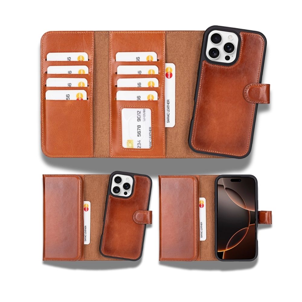 Bloomcase Apple Iphone 16 Pro (6.3") Desert Sand Hakiki Deri Çıkarılabilir Cüzdanlı Telefon Kılıfı