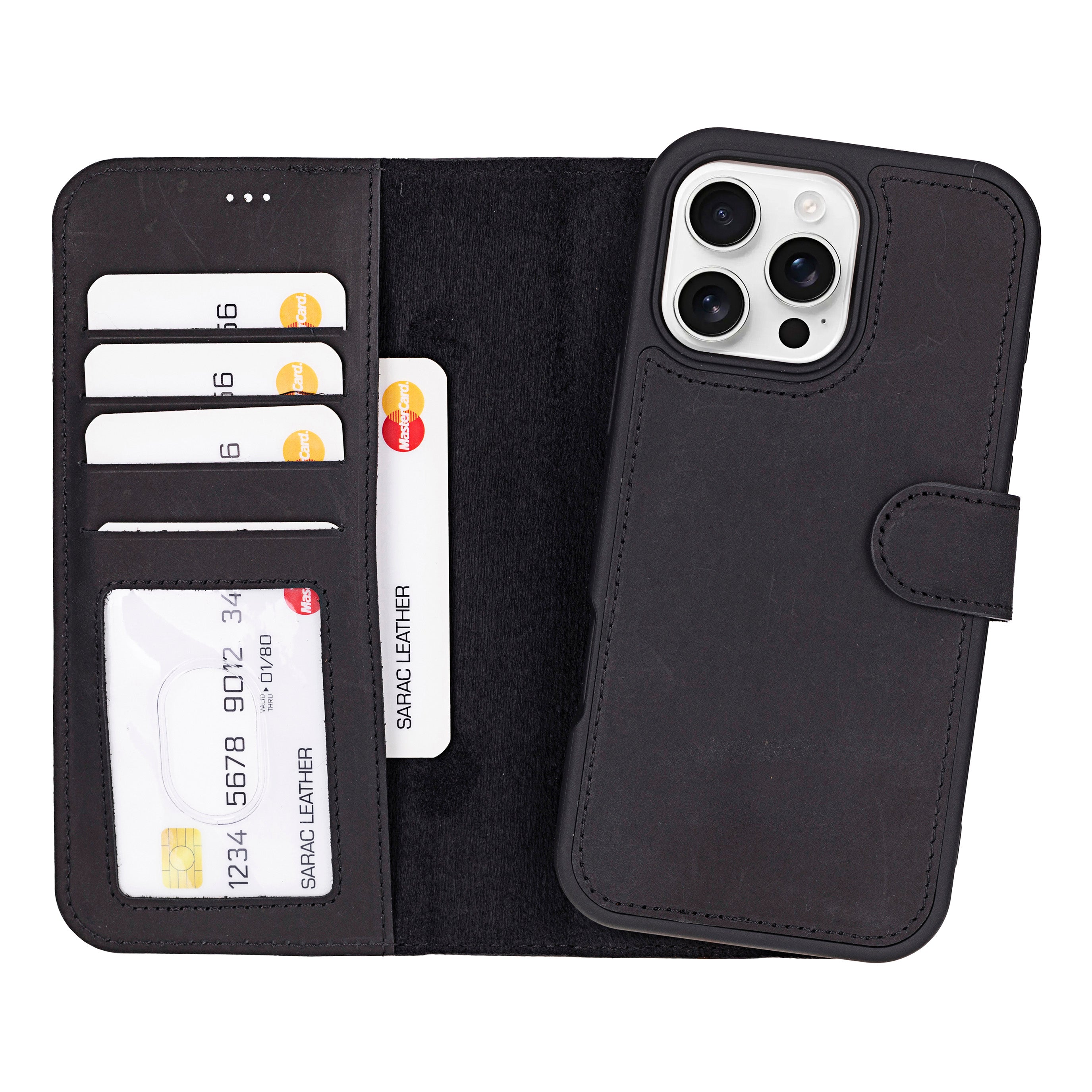 Bloomcase Apple Iphone 16 Pro (6.3") Onyx Black Hakiki Deri Çıkarılabilir Cüzdanlı Telefon Kılıfı
