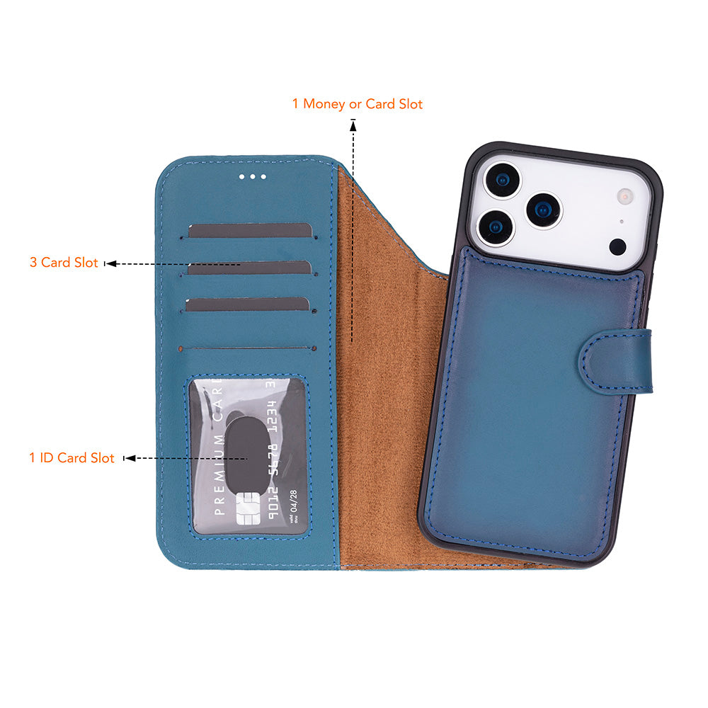 Bloomcase Magic Iphone 17 Pro Max(6.9") Midnight Marine Ayrılabilir Hakiki Deri Cüzdanlı Telefon Kılıfı