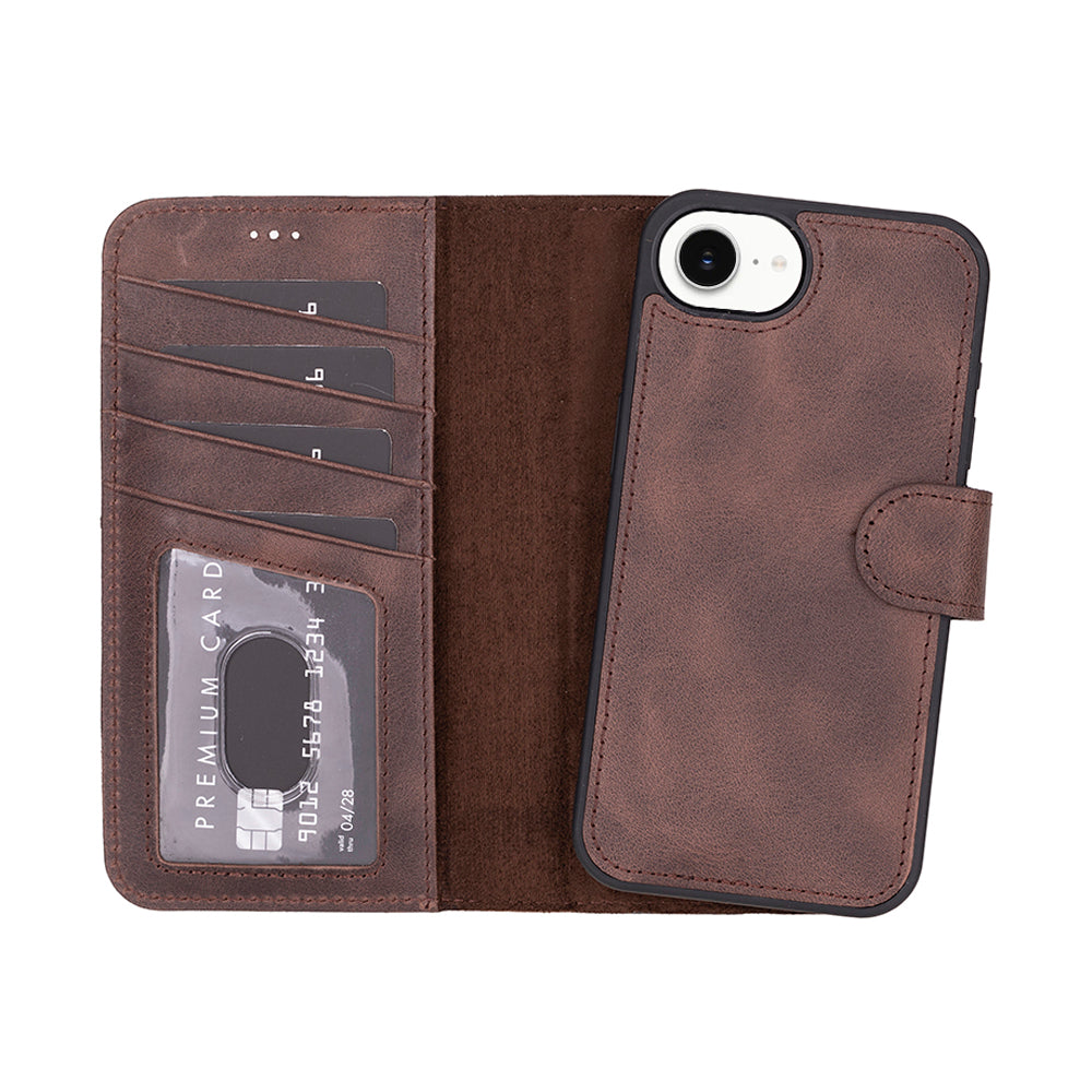 Bloomcase Magic Wallet Dark Brown Apple Iphone 17E / 16E (6.1") Hakiki Deri Çıkarılabilir Cüzdanlı Telefon Kılıfı